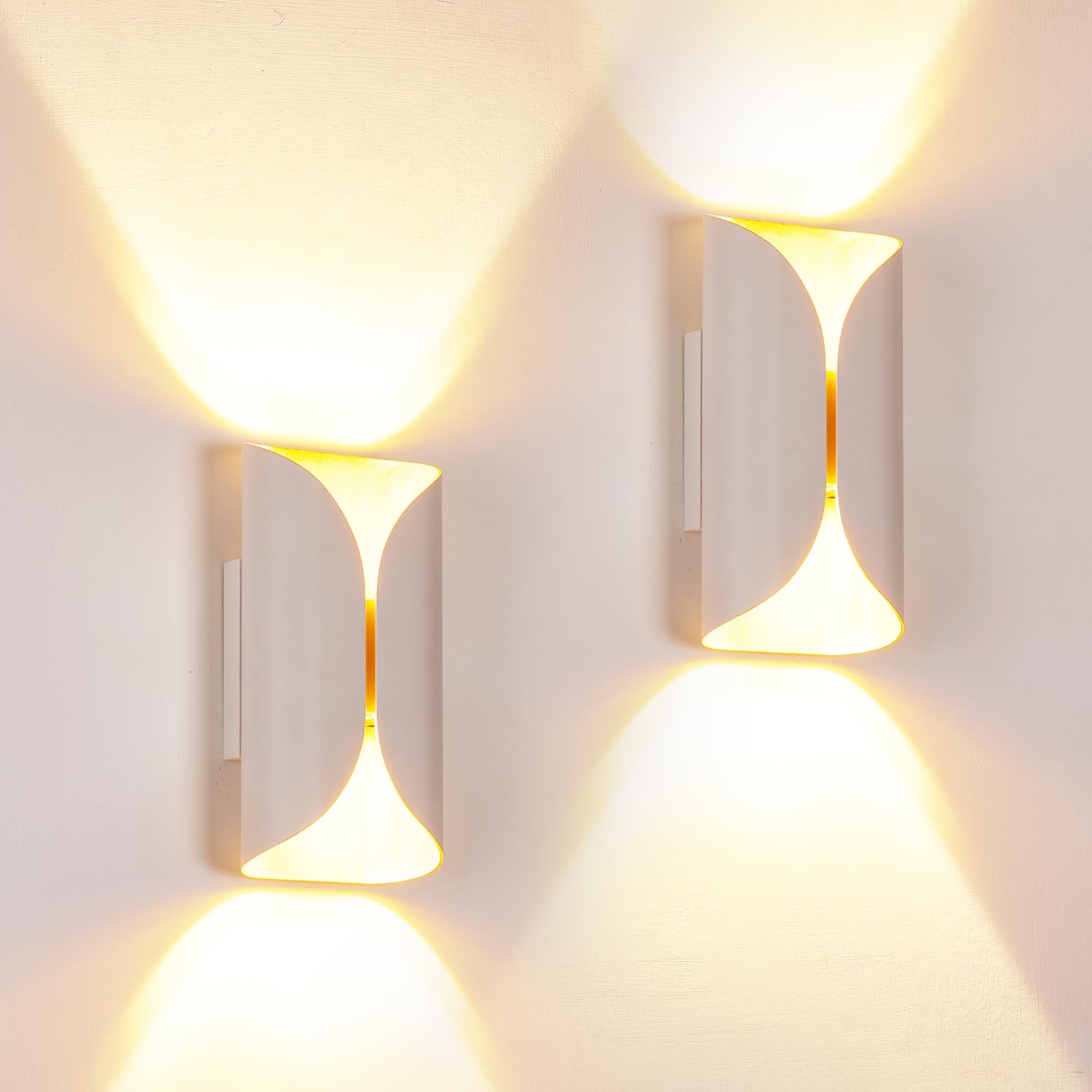 LUXLUCIO 2 Pack Outdoor Indoor White&Gold Modern up and Down LED Porch Living Room Wall Light, IP65 Waterproof, 1200LM, 120V, CR