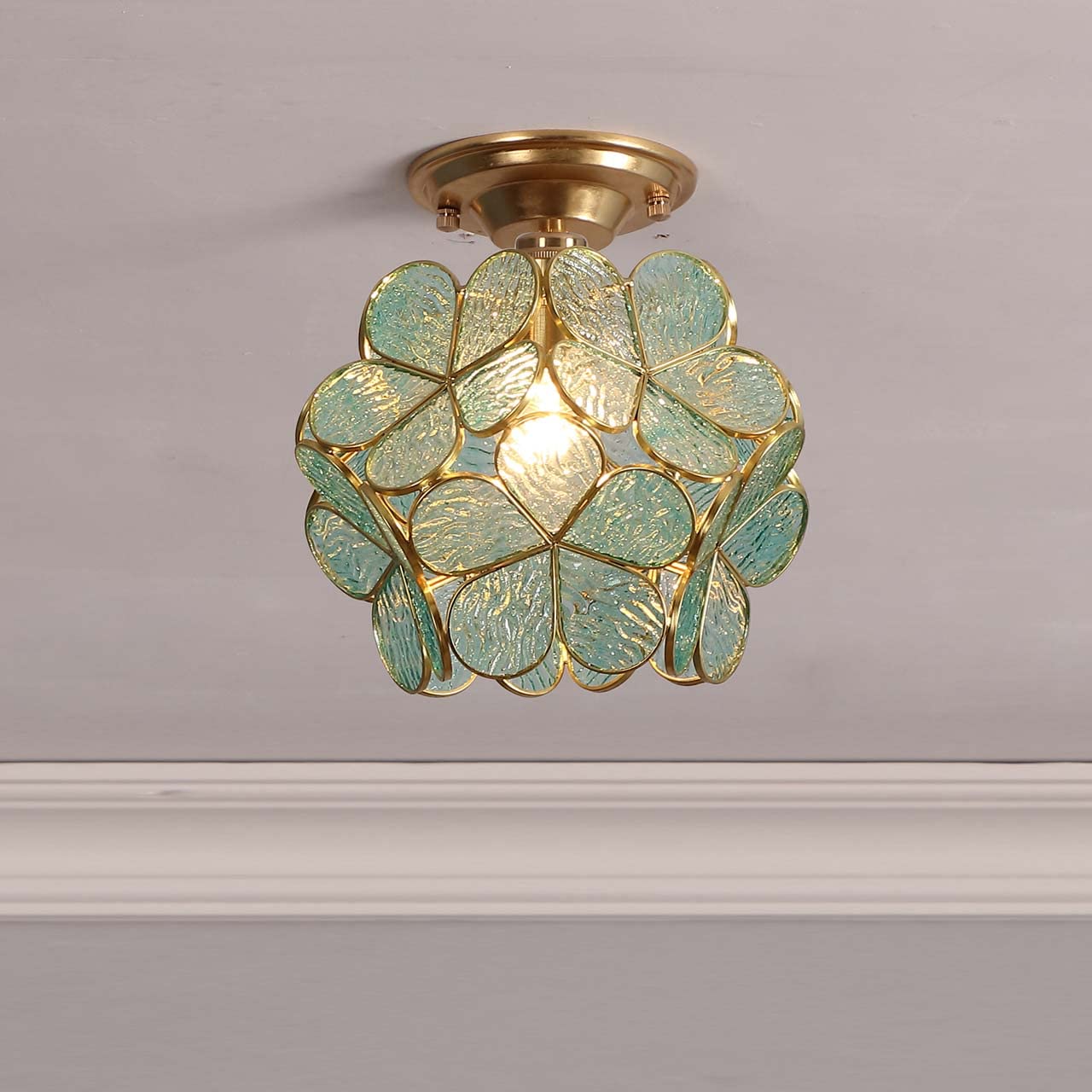 Bieye L10824 Flower Petals Tiffany Style Stained Glass Close To Ceiling Light, 8-Inch Wide (Blue)