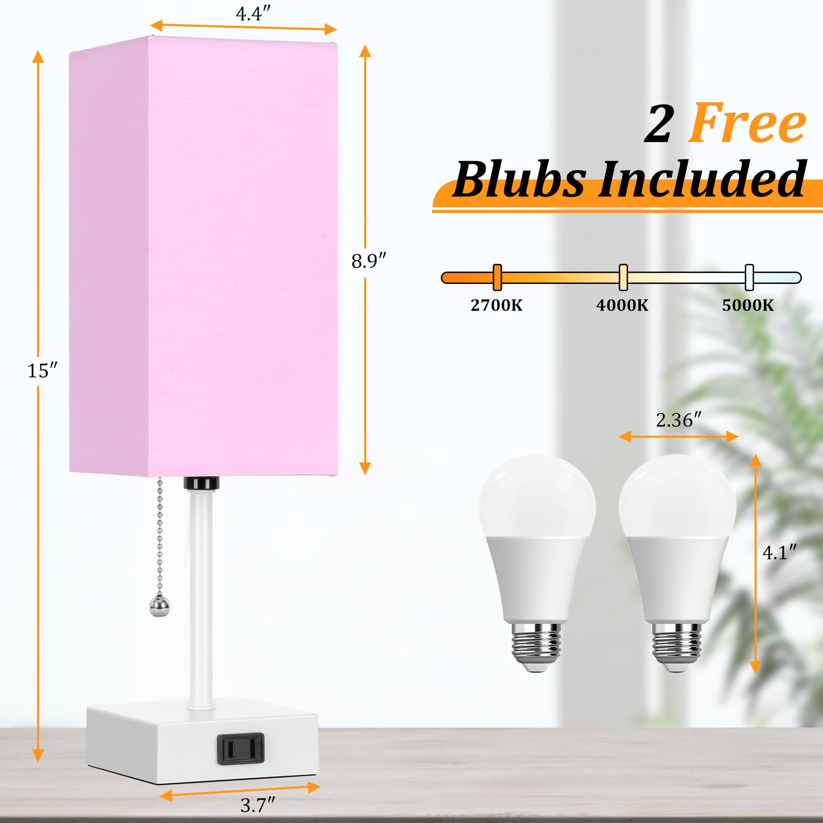 Table Lamp For Bedroom Set Of 2,3-Color Bedside Lamps With Pull Chain Table Lamps For Nightstand With Ac Outlets,Small Night Lig