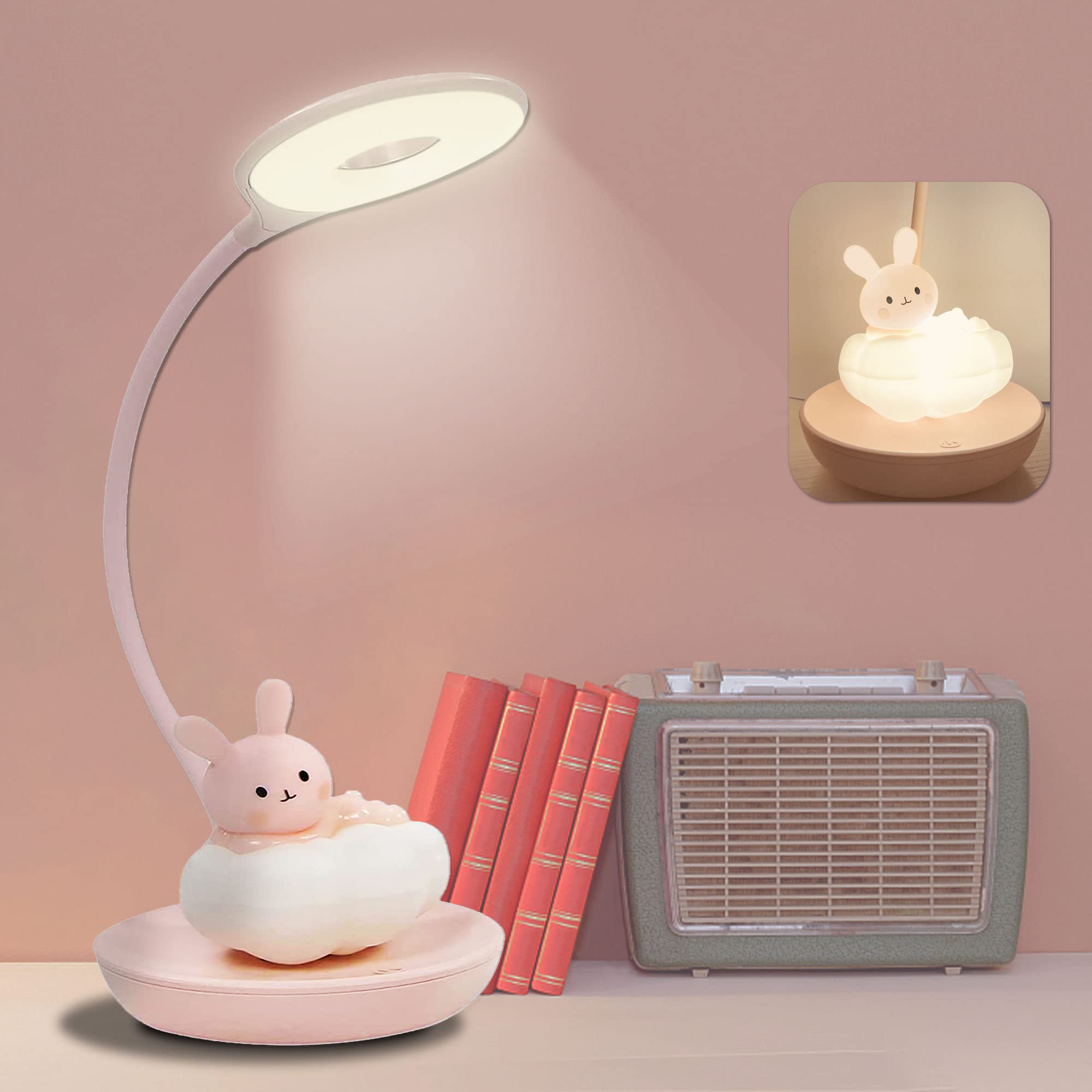 Comprafun Kids Desk Lamp Pink, Dimming Desk Lamp For Girls With Exclusive Cartoon Look, Cute Night Light For Kids Bedroom, Eye-Caring Led Portable Reading Lamp For Child, Unique Gift (Pink Rabbit)