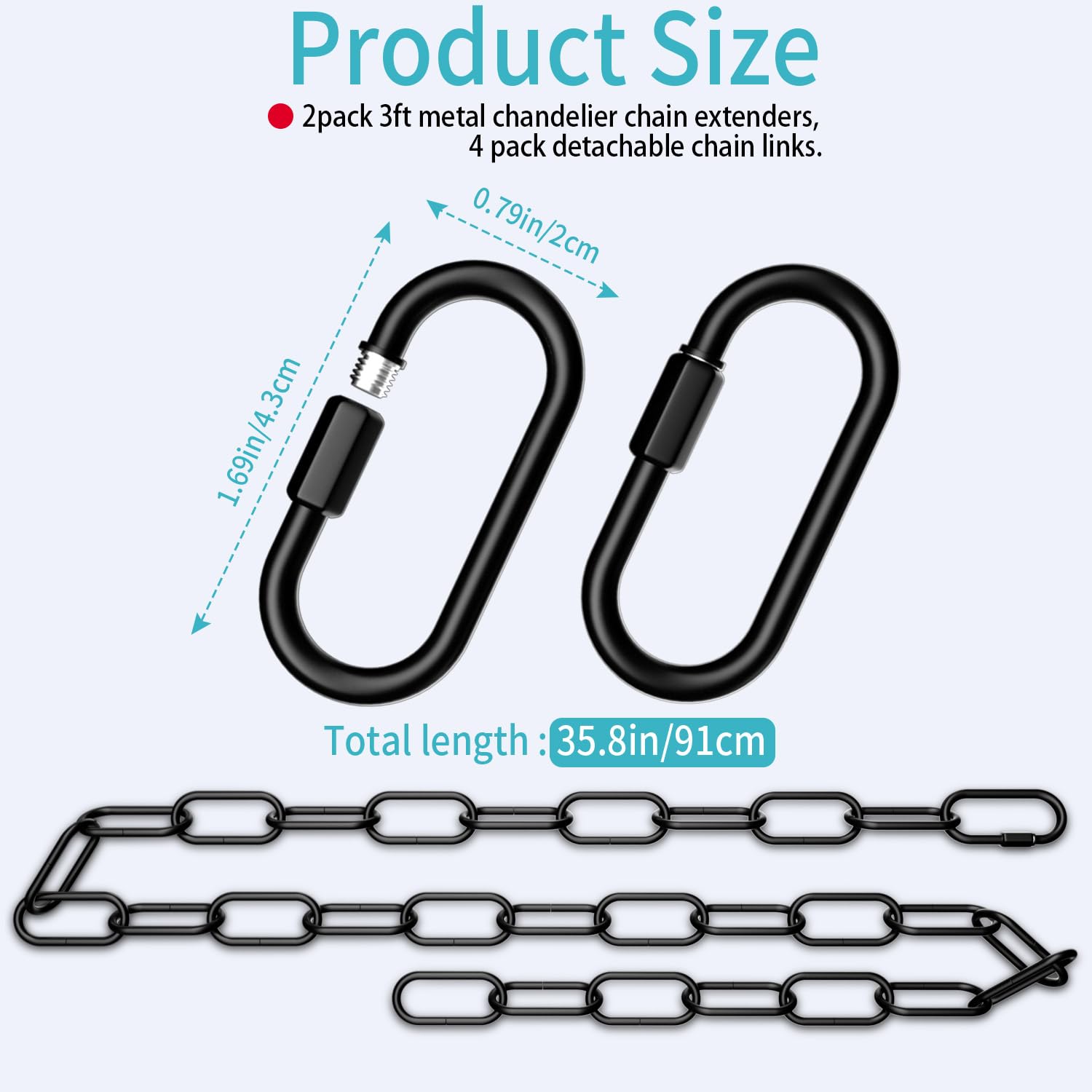 2 Pack 3 Feet Industrial Black Light Fixture Chain, Plant Hanging Chain, With Detachable Link, Maximum Load Is 60 Pounds