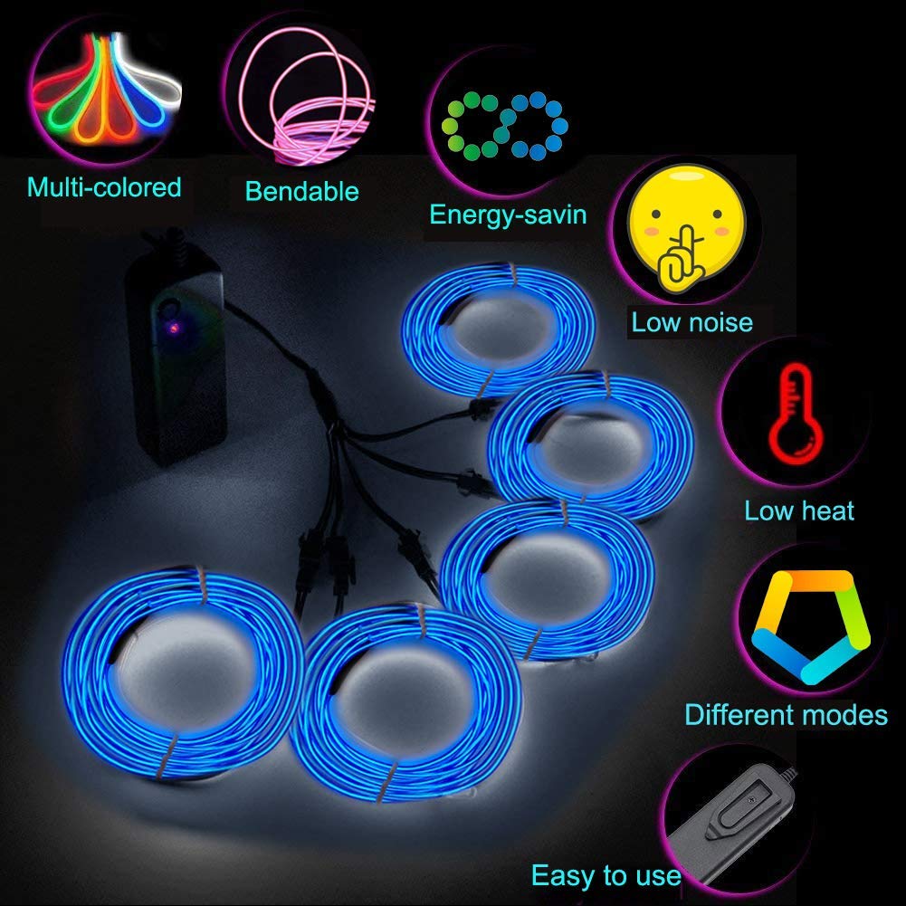 MaxLax Blue EL Wire, Noise Reduction Neon Lights Wire 5 in 1 Meter, Electroluminescent Wire for Halloween, Christmas Party, DIY