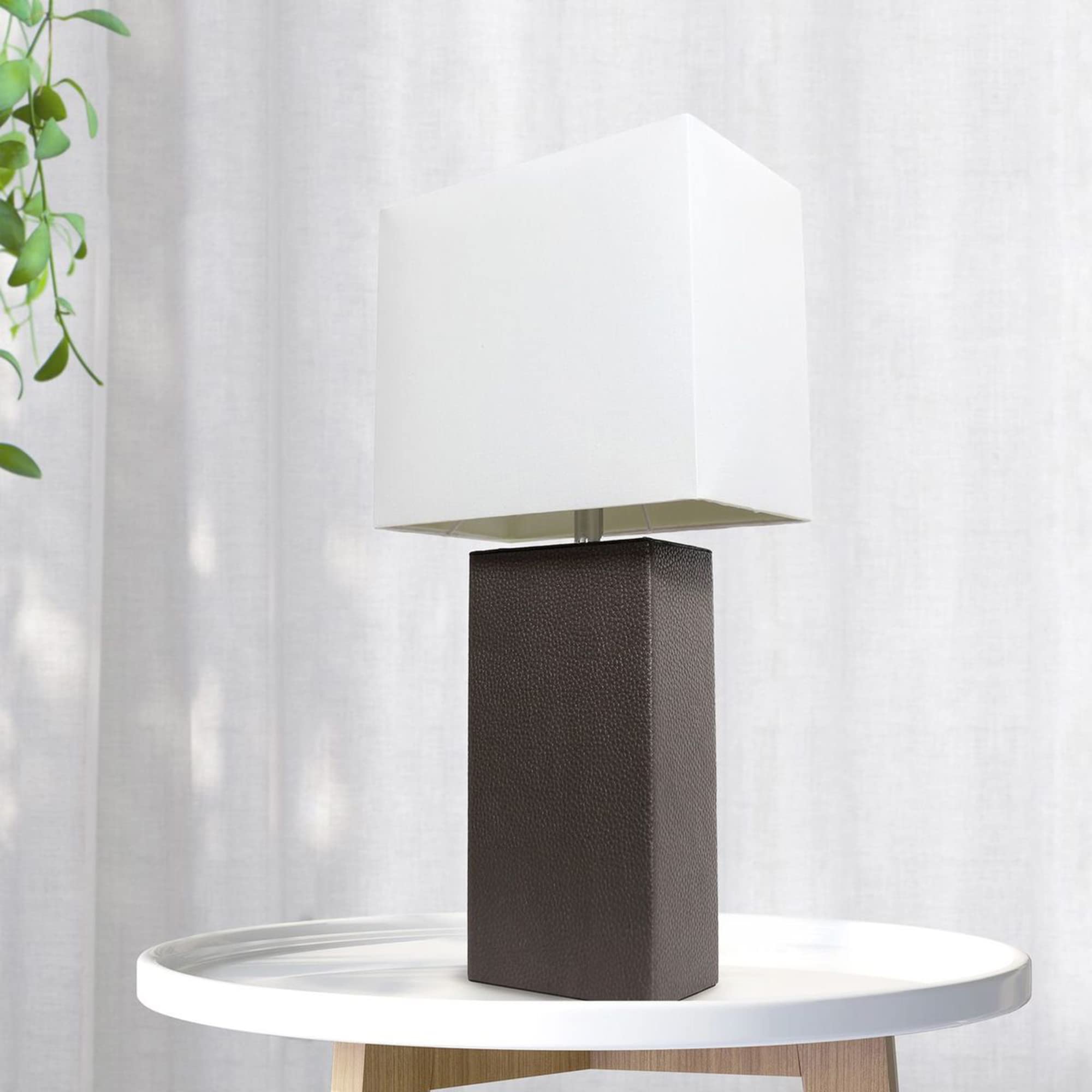 Lalia Home Espresso Brown Leather Base Modern Bedside Table Lamp With White Shade