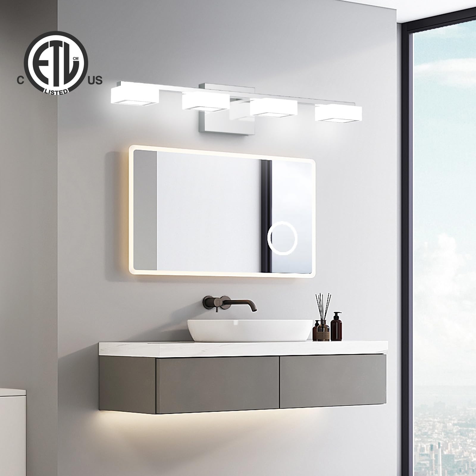 MYTH REALM LED Bathroom Light Fixtures, 4-Light Dimmable Vanity Light, Chrome, 25.5 inch, Model LJQ02-L4T-CH