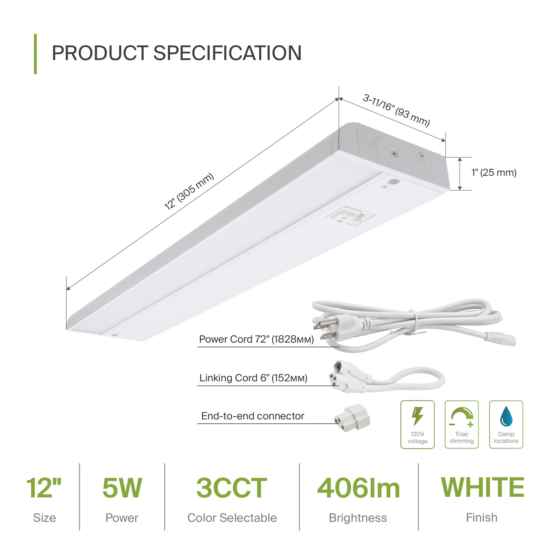 Asd Led Under Cabinet Lighting, 12 Inch, Dimmable, Hardwired/Plug-In, 3 Color Levels, Aluminum, White Finish, Model A-Ucl-12D5Cc-W