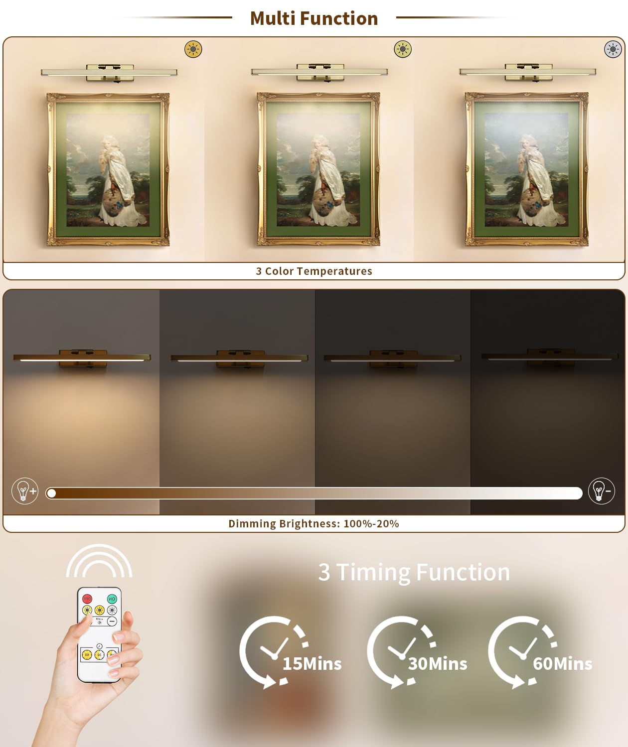 Keliden Wireless Picture Light Battery Operated With Remote Led Art Lights For Paintings Rechargeable Dimmable 15.7" Brass Lights Over Pictures On Wall Gold With Swing Arm For Display