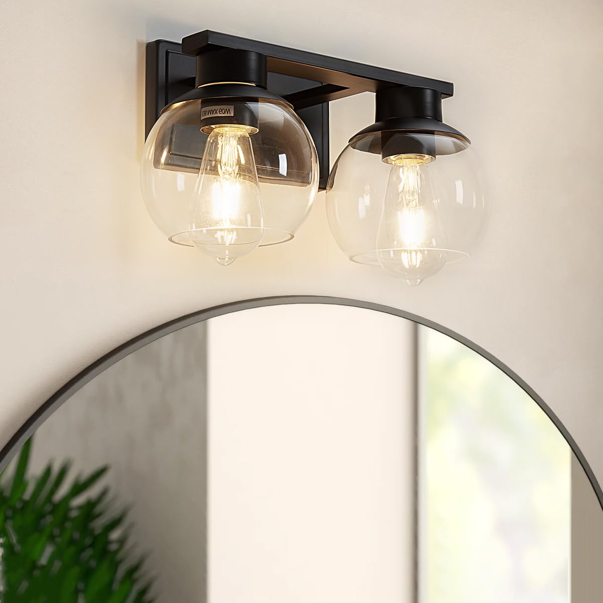 Pazala 2 Light Vanity Lights, Black Bathroom Wall Sconce Light With Globe Glass Shade, Bathroom Light Fixture Over Mirror For Be