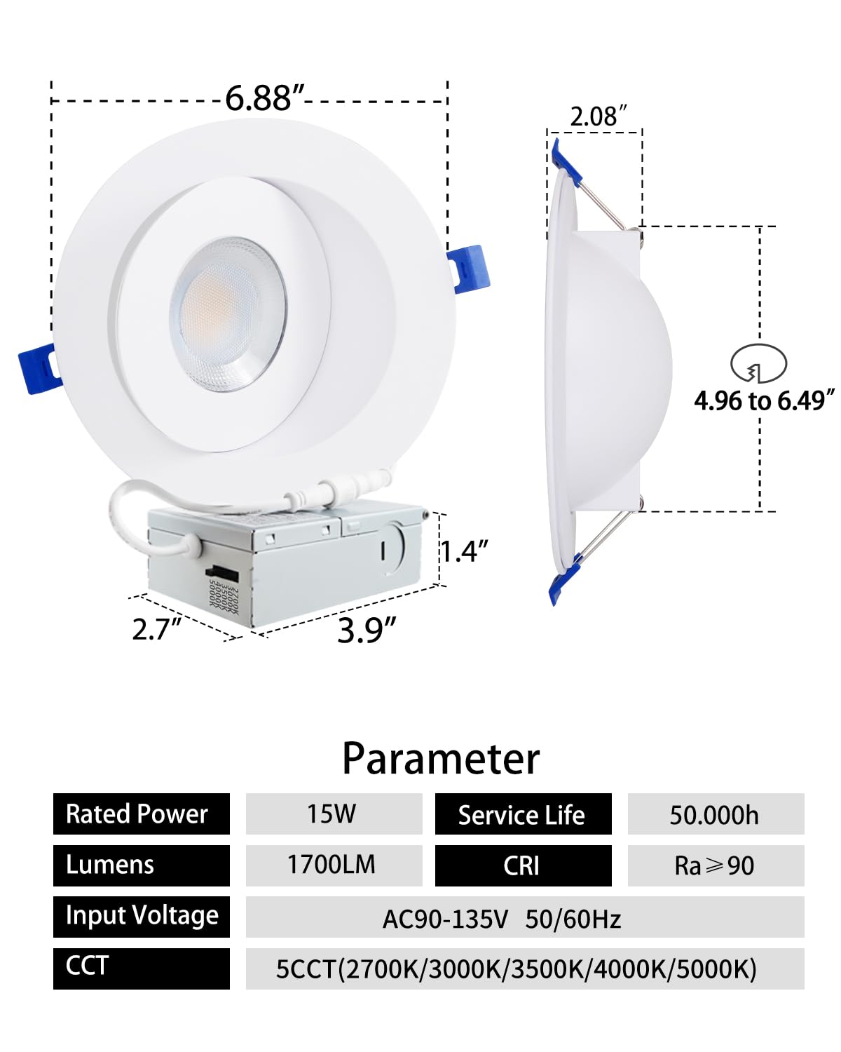 Adetu Led Recessed Lighting 6 Inch  360?90?Adjustable Directional Gimbal 6 Inch Led Recessed Light  2700K-5000K 5Cct Dimmable Retrofit Eyeball Can Recessed Lights With Jbox  Et (White  6 Pack)
