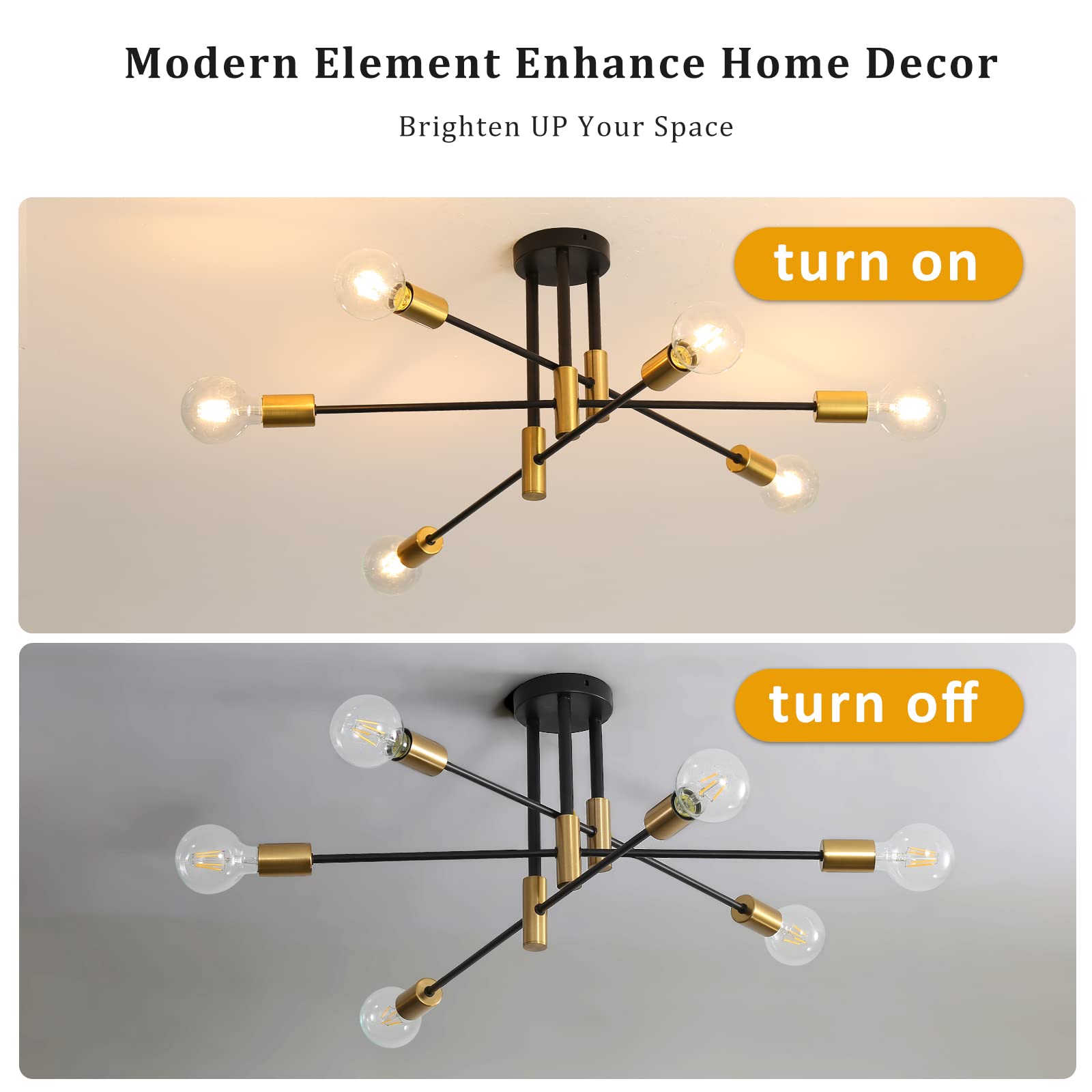 DELIPOP 6-Light Sputnik Light Fixture, Black Gold Mid-Century Modern Ceiling Light for Dining Room, Kitchen, Living Room, Bedroom