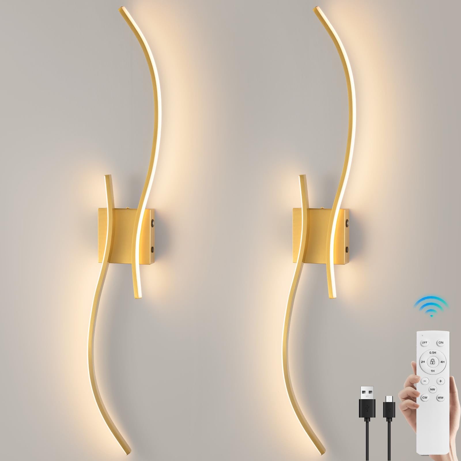 CANEOE Wall Sconce Set of 2, 18000mAh Rechargeable LED Lights, Dimmable 3000K-6000K, 39.37 Inch, Gold,
