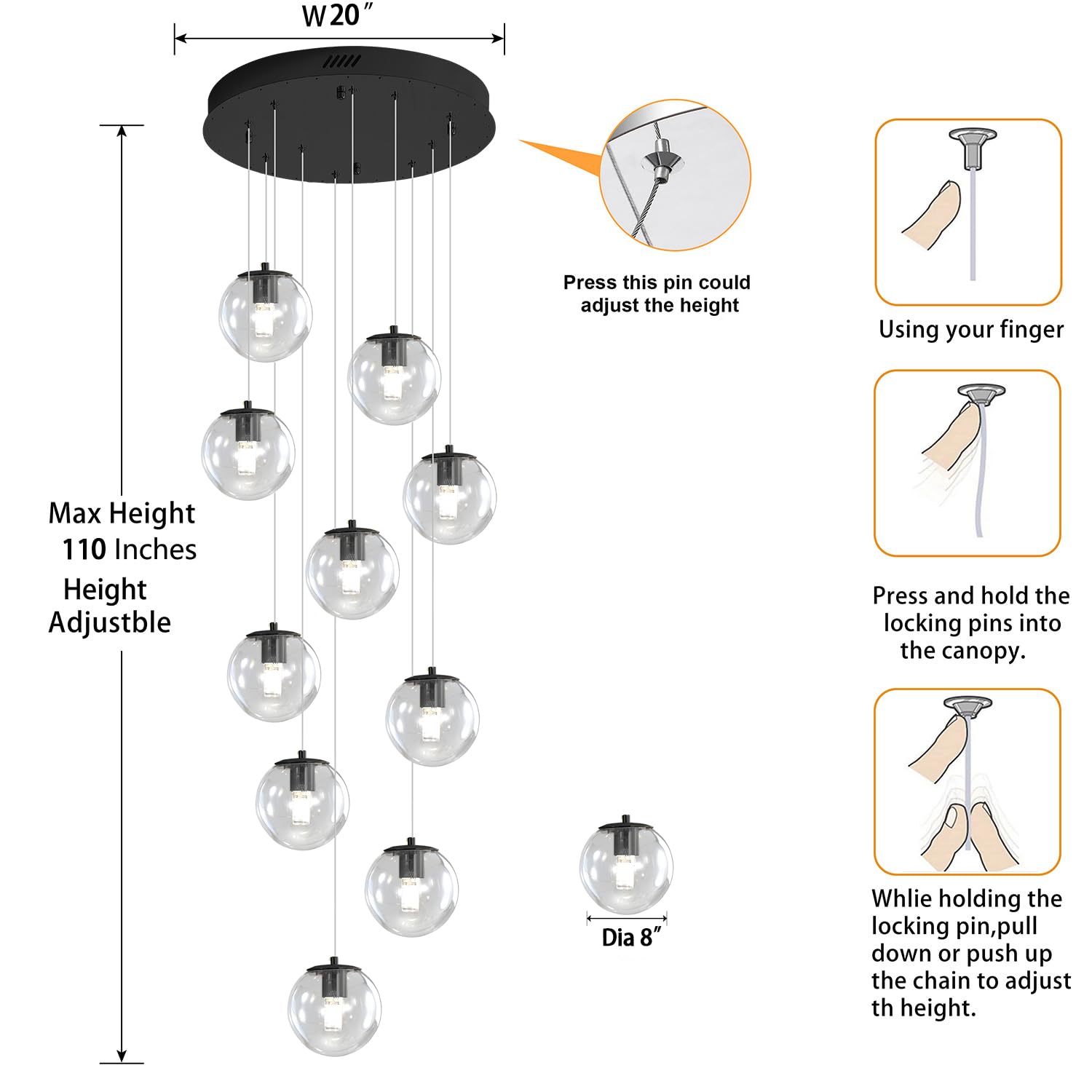ykolupty 10-Light Modern Glass Globe Pendant Light - Black, Ideal for High Ceilings & Staircases