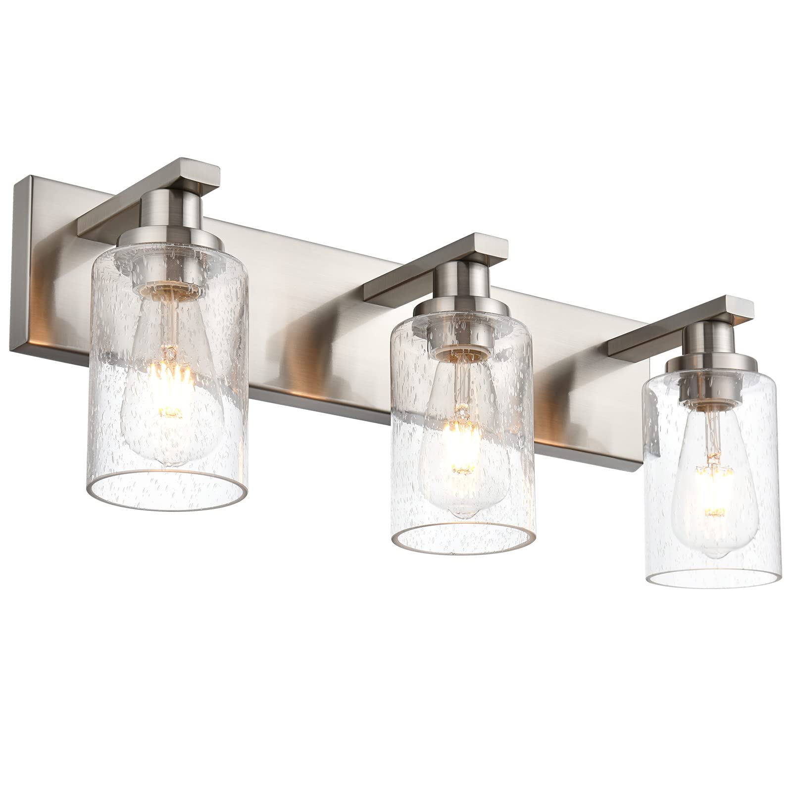 WINSHEN Bathroom Vanity Light, 3-Lights Metal Wall Fixture, Brushed Nickel, 23.6-Inches, Model SG-501-3L-SN, Seeded Glass Shades