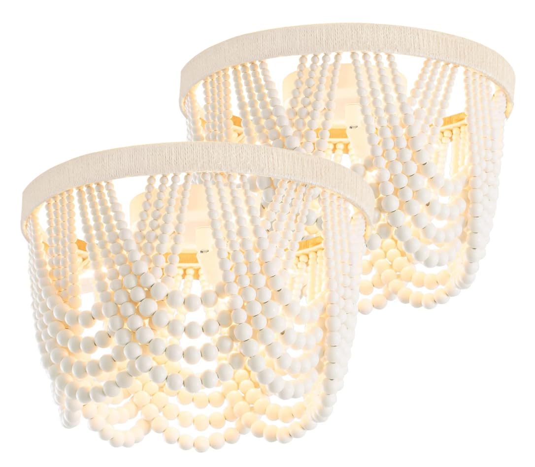 Wuhuyipi 2 Pack Boho Wood Beaded Chandelier,Led Flush Mount Ceiling Light,Farmhouse Rustic White Hemp Rope Chandeliers Fixture F