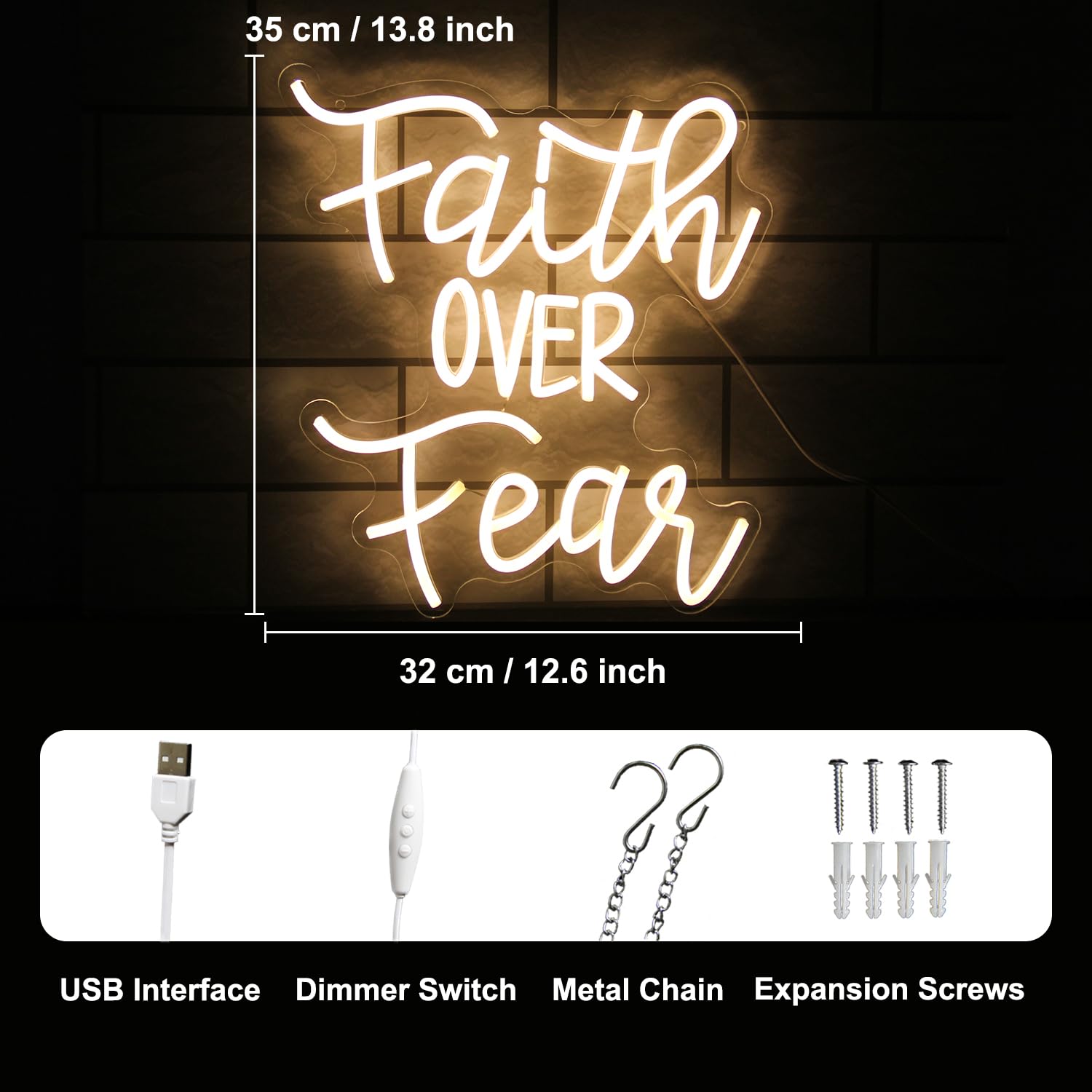 Kullneon Neon Sign - Faith Over Fear LED Light, Warm White, 13.8 x 12.6 inches, Dimmable Plastic Decor for Home, Classroom, Church