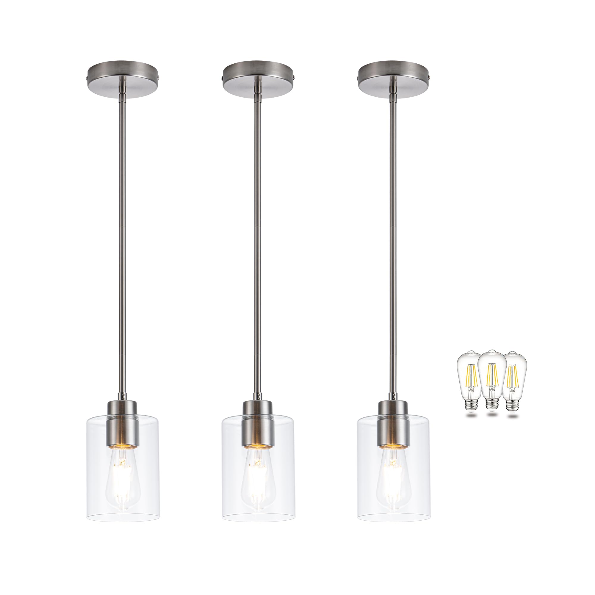MAYNA 3 Pack Glass Kitchen Pendant Lighting Over Island with Rod, Brushed Nickel Kitchen Island Lighting with Clear Glass Shade,