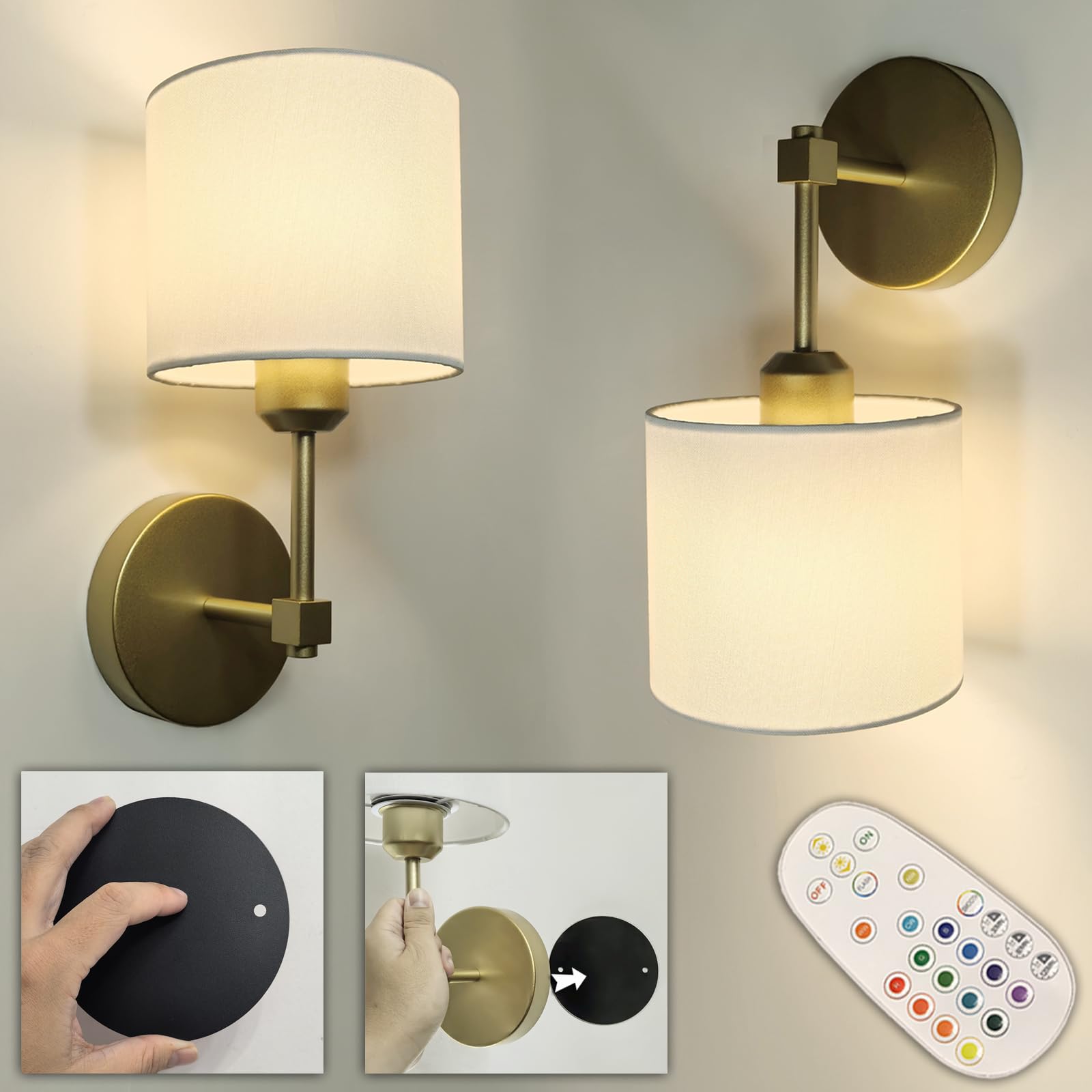 Easy Install Adhesive Battery Wall Sconces Rechargeable Gold Set of 2, No Nails Cordless Magnetic Wall Lamps Peel and Stick Deco