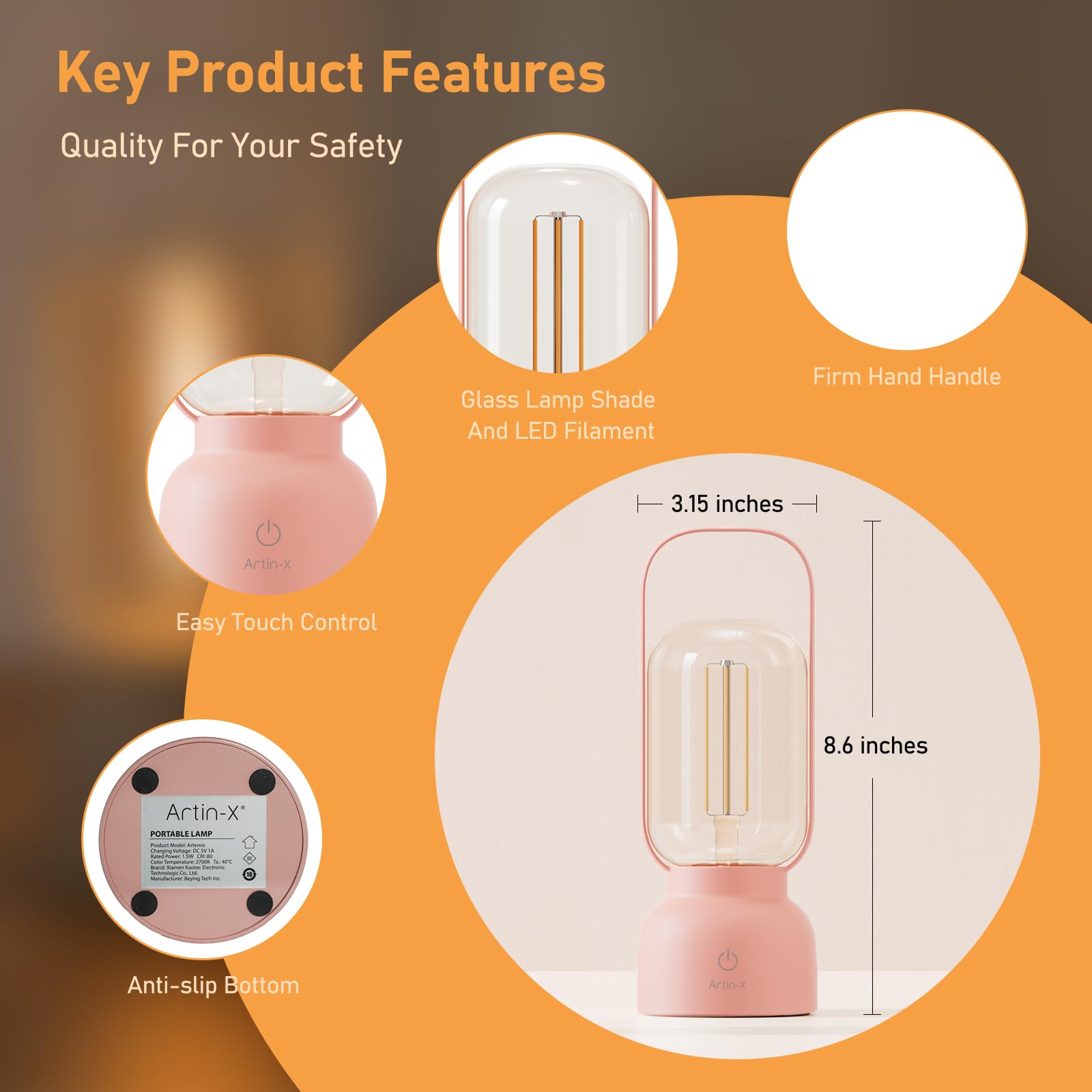 Artin-X Retro Cordless Lantern Table Lamp, 40 Hours Long Lasting Dimming Night Light, Small Rechargeable Battery Operated Light For Cruise Nightstand Travel Camping Decoration Gift- Pink