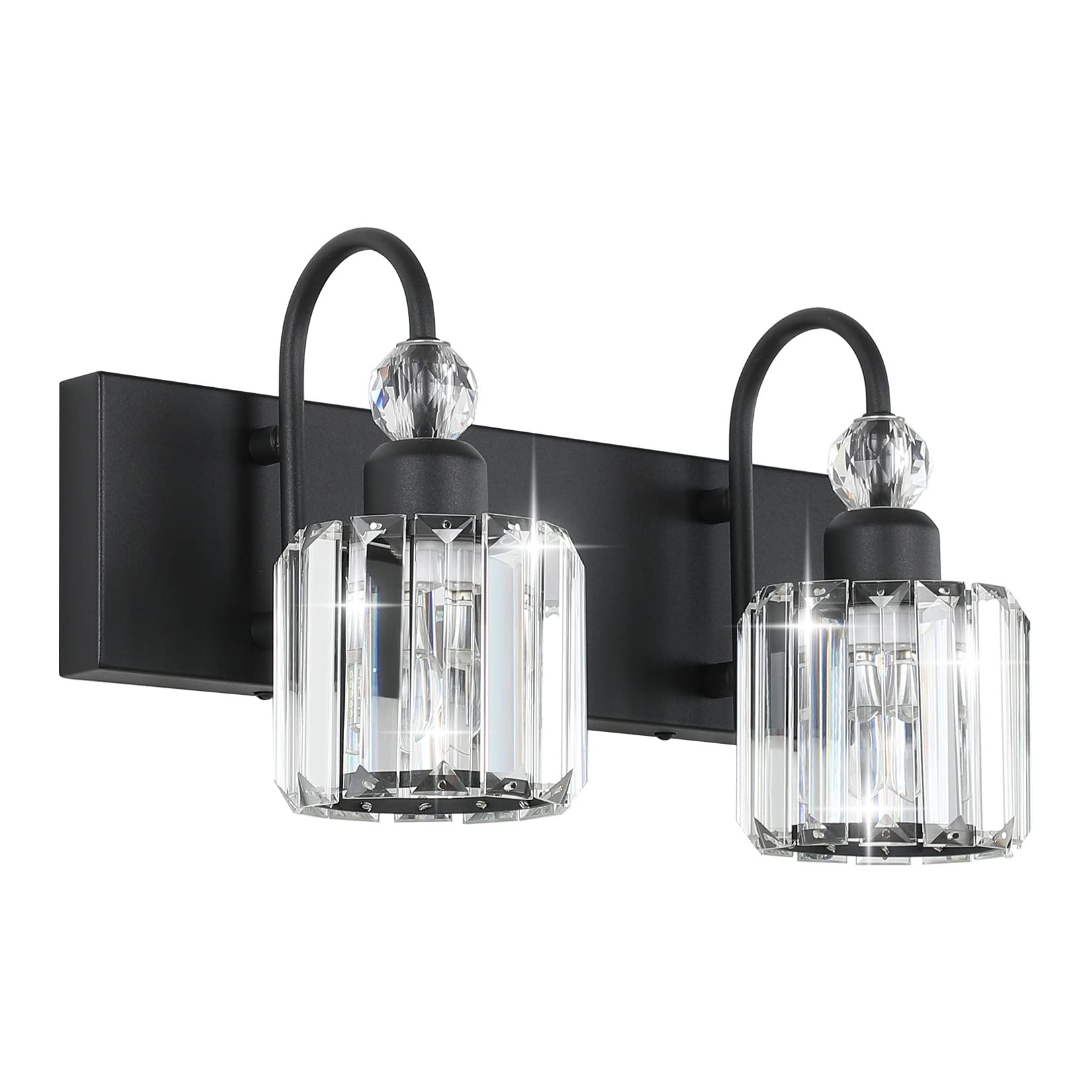 Ralbay 2-Light Vanity Light, Modern Crystal Wall Fixture, Matte Black, Model 8600, Round-Black Metal Bathroom Lighting