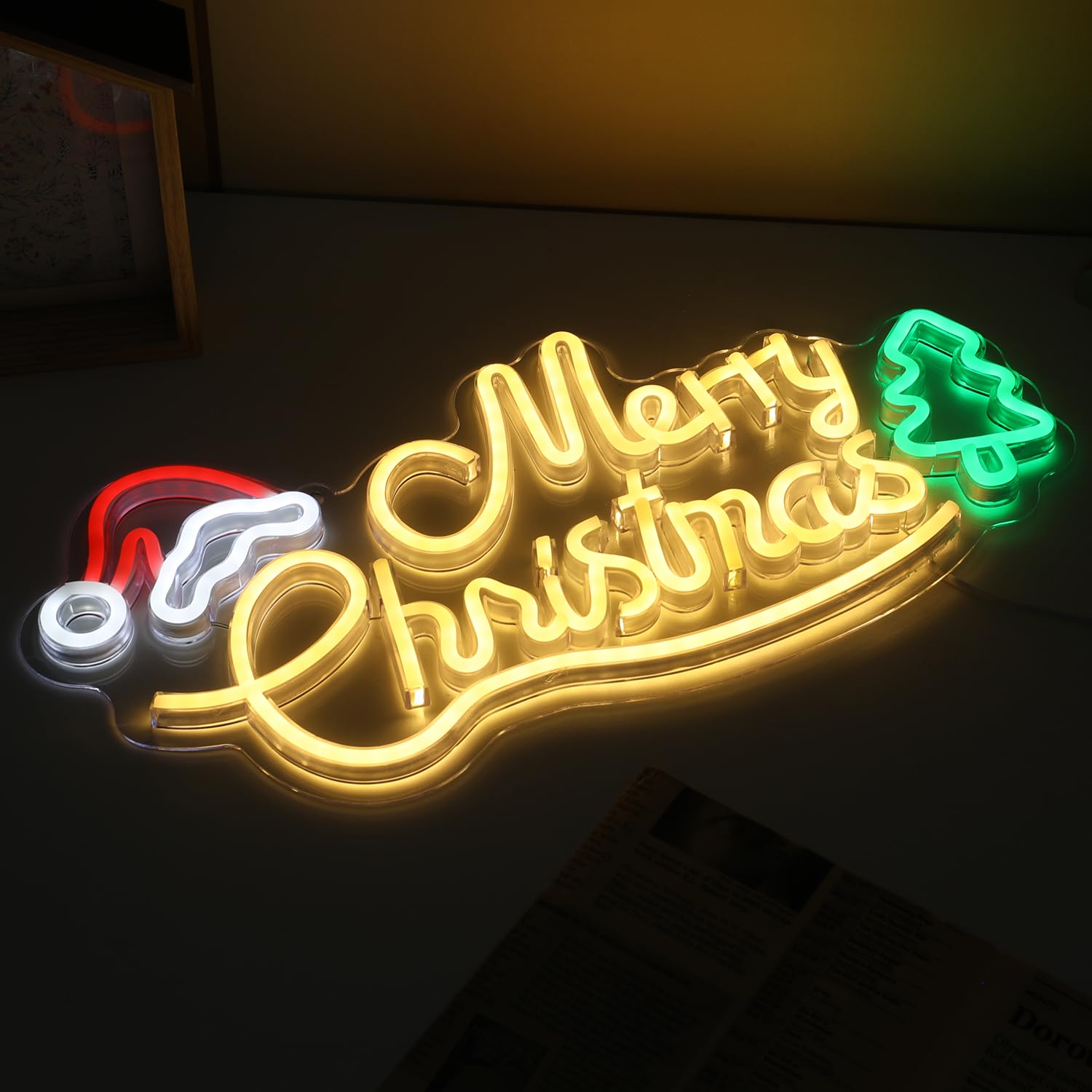 LightsUp Neon Christmas Sign, USB Powered, Warm White LEDs, 16.7 x 7.9 Inch, Acrylic, White, Xmas Tree & Santa Hat Design