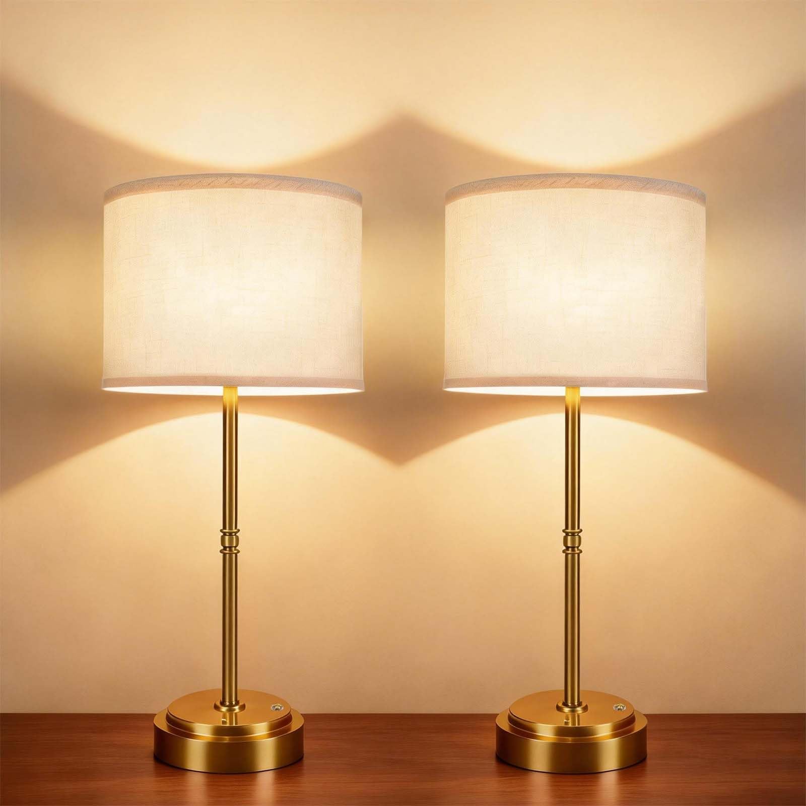AWOKE Cordless Table Lamps Set of 2  7500mAh Rechargeable Battery Operated Lamps with Fabric Shade  Stepless Dimming  Height Adjustable Nightstand Lights for Bedroom & Dining Table  Brass-Toned Base