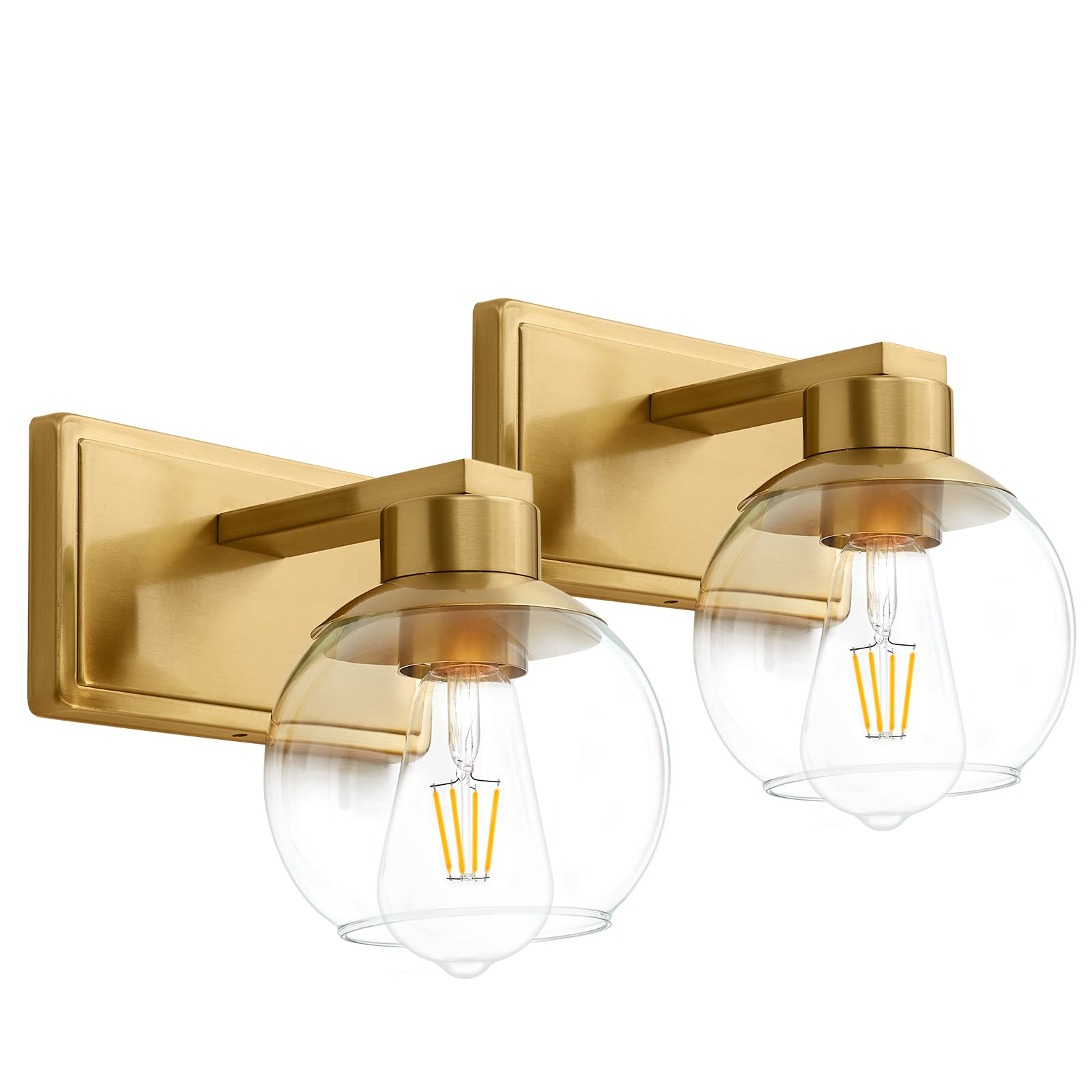 Pazala 2 Pack Brushed Brass Sconces Wall Lighting Set Of 2 For Bedroom Bathroom Wall Lights Fixtures, Clear Globe Glass Lamp,Wal