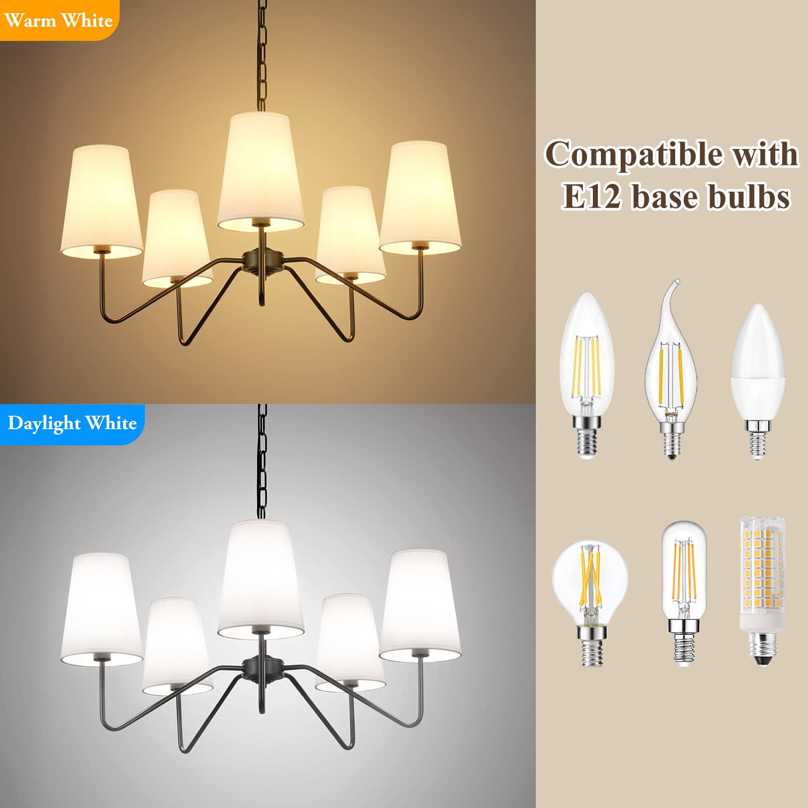 Bosceos 5-Light Modern Chandelier, Black & White Metal Pendant Ceiling Light, Adjustable Height, Model JP21709.5BK for Dining Room & Living Room