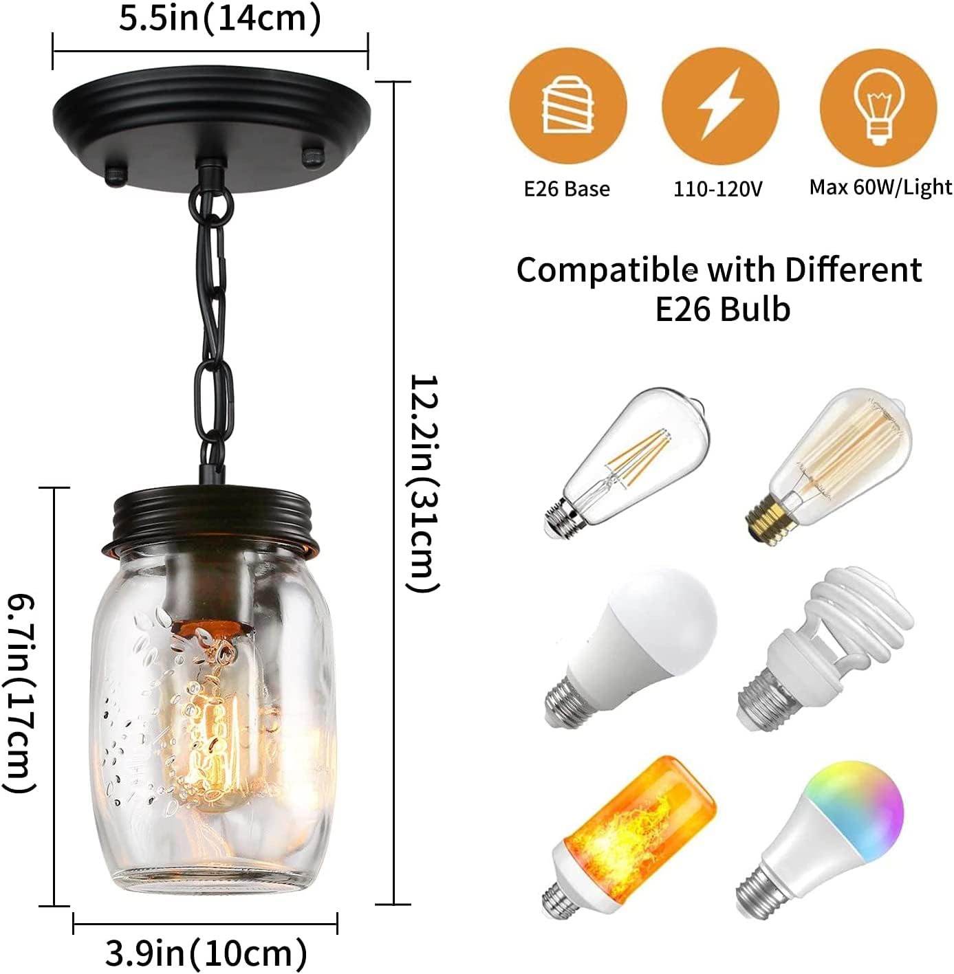 PUZHI HOME Mason Jar Light Fixture, 1-Light Pendant Lighting, Glass, Black, Model PZ-GP-002, Farmhouse Style for Dining Room and Foyer