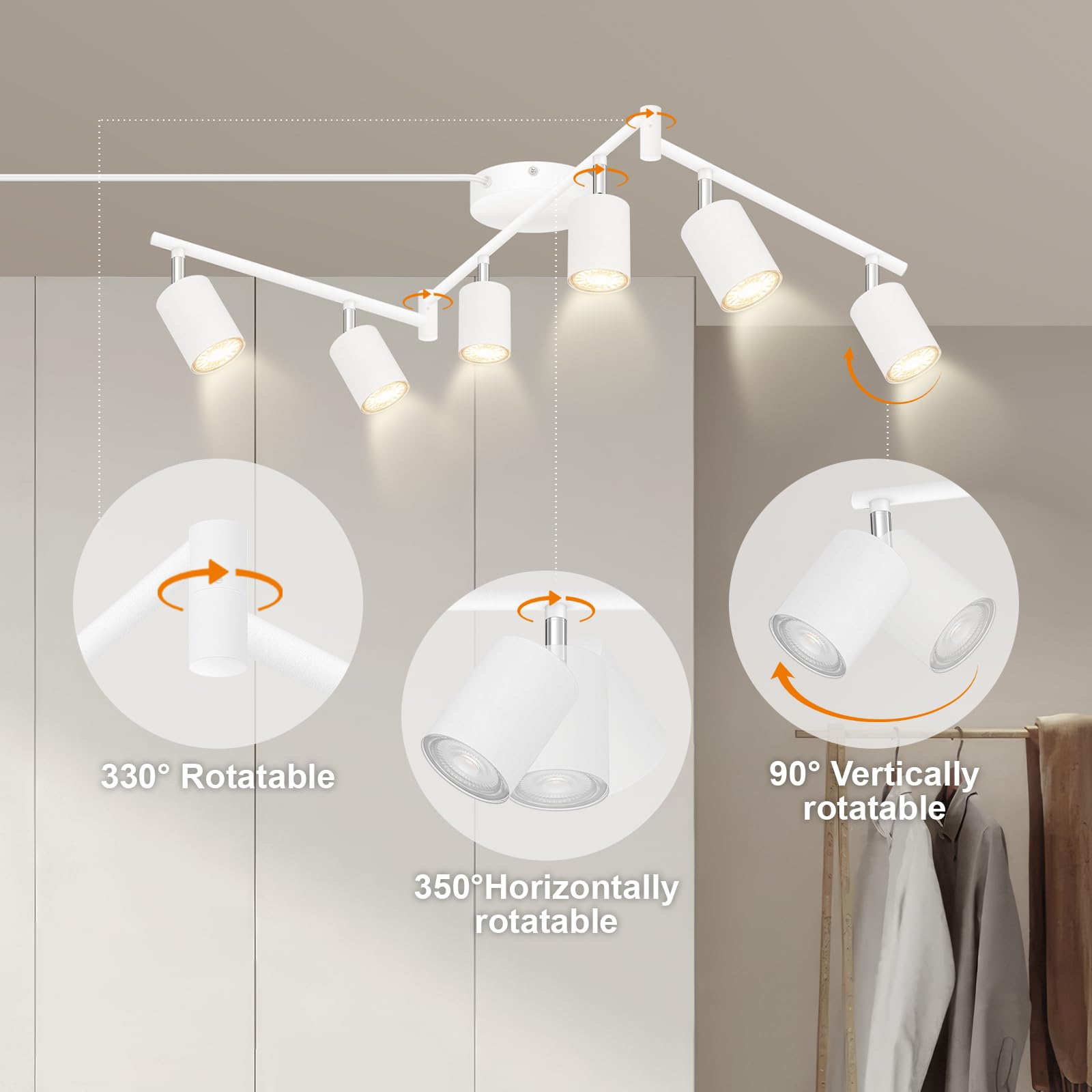 Track Lighting Plug In  Led Track Lighting Fixtures Ceiling Kit  White 6-Light Ceiling Light Plug-In  Wall Light With 14.8Ft Power Cord  Rotatable Kitchen Spotlight For Bedroom(Gu10 Socket  No Bulb)