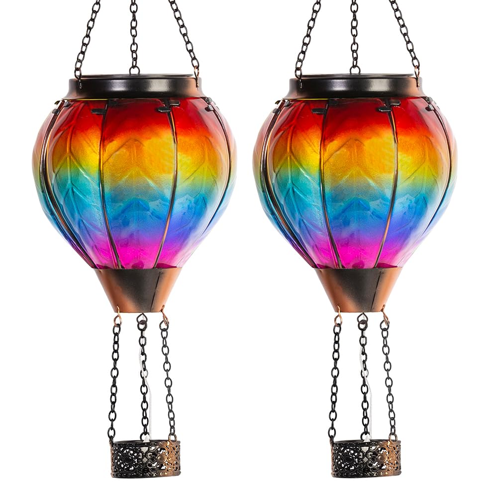 Starsoul Solar Lantern - 2 PC Rainbow Hot Air Balloon, Waterproof Glass, Colorful Outdoor Hanging Light for Garden Patio Party Decorations