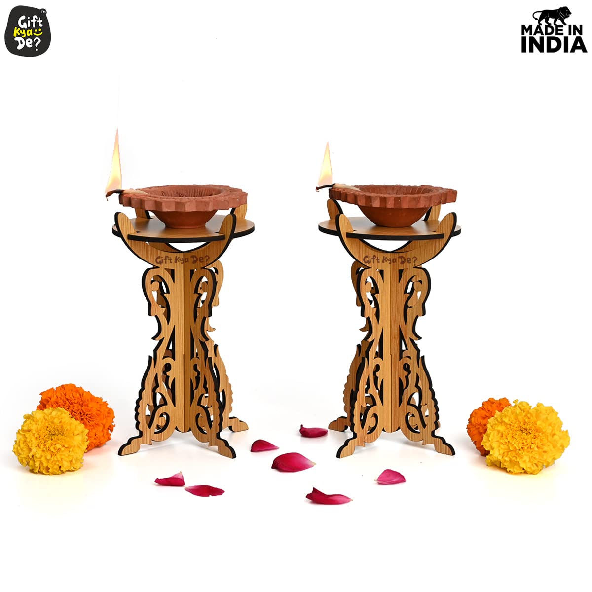 GKD Diya Stand Wooden Traditional Deepam Stand Hand Crafted Diya Set for Pooja Decoration Items Also Candle and Lanterns Home De