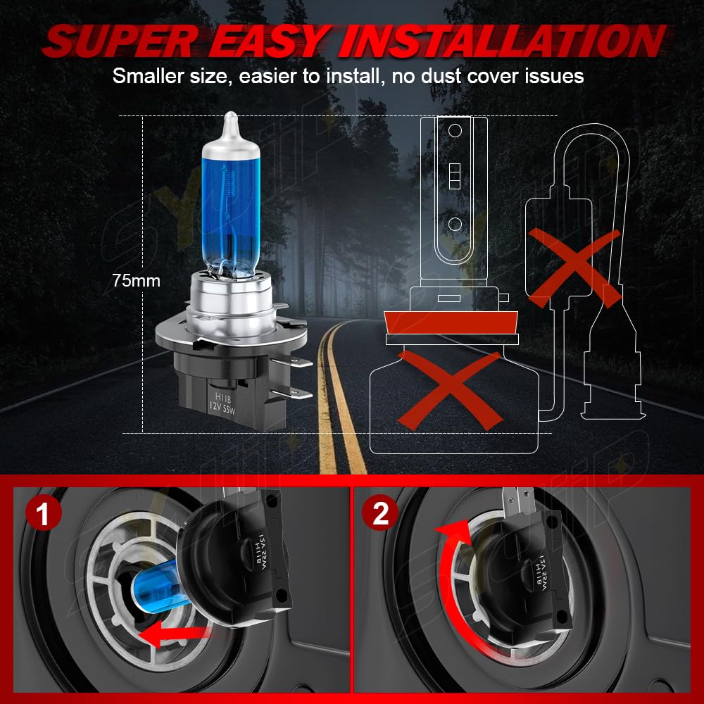 SYJIIP H11B Halogen Bulbs 6000K White, Compatible with Kia Optima 2007-2015, Plug n Play, 2-Pack
