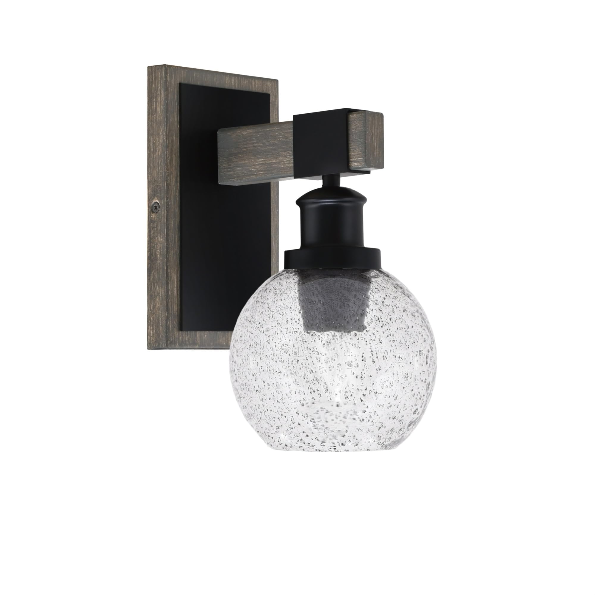 Toltec Lighting Tacoma Light Wall Sconce, Matte Black, Distressed Wood-Look Metal, 5.75in Smoke Bubble Glass