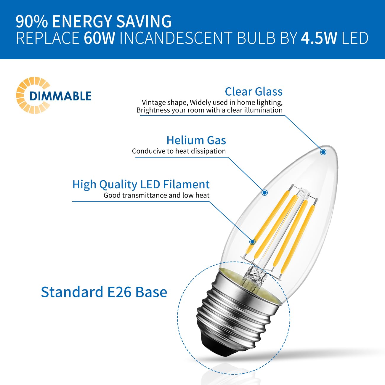 Anwio 12 Pack B11 Led Filament Bulb E26 Candelabra Base 4.5W(60W Equivalent), Dimmable 2700K Warm White Chandelier Decorative Ca