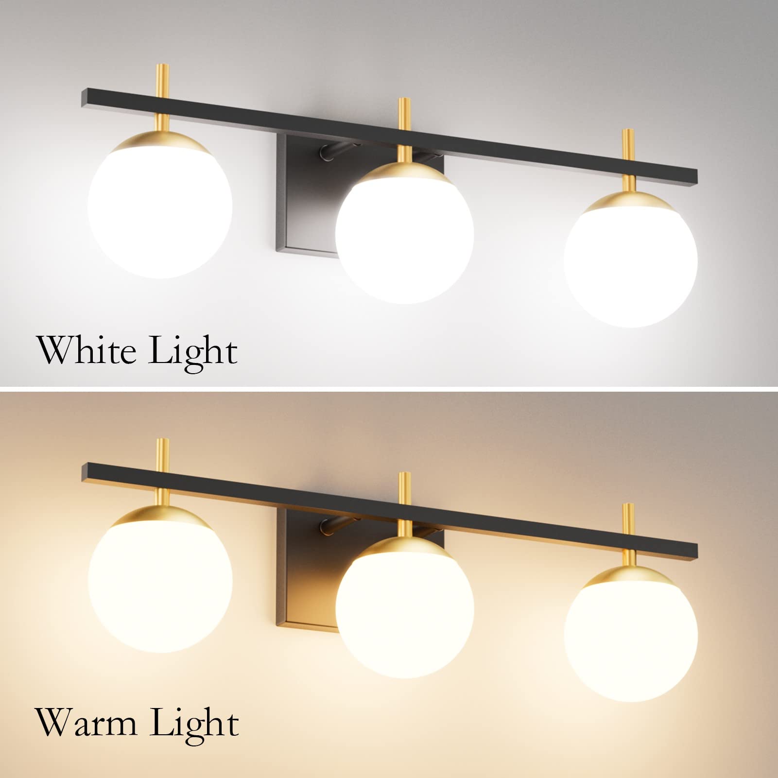 Ralbay 3-Light Mid Century Modern Bathroom Vanity Lights, Black/Gold Metal Fixture, Milky Glass, Model 1100, Excludes Bulb
