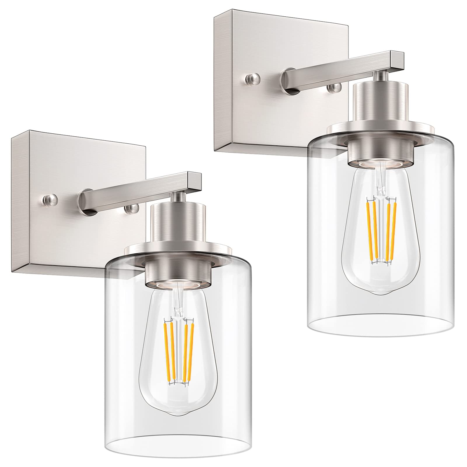 Licperron Wall Sconces Set of Two, Brushed Nickel, Metal, Clear Glass Shade, Industrial Design, Bathroom Vanity Lighting