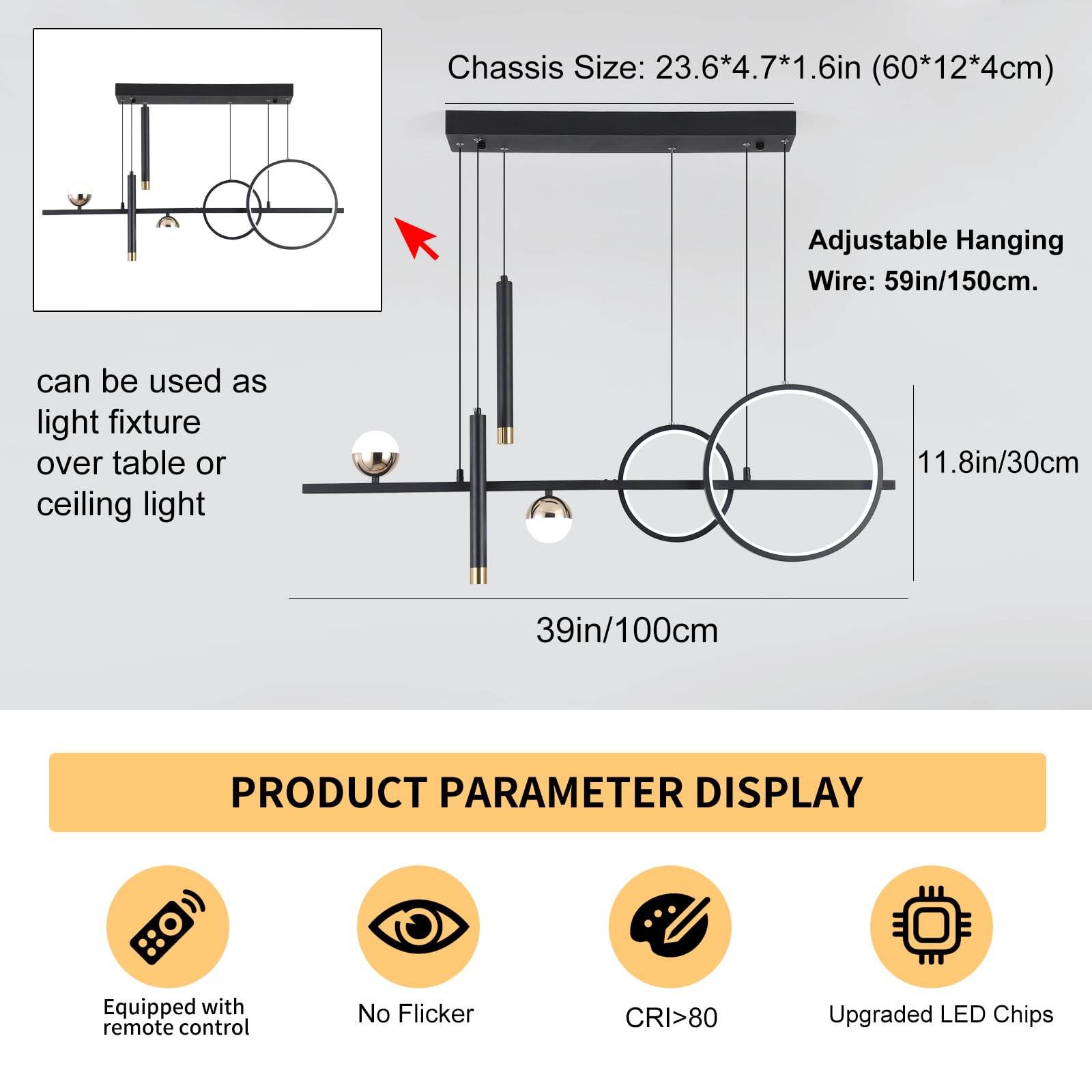 Oranoor Modern Led Pendant Lights, Dimmable 39In Linear Wave Led Chandelier Lighting, Black & Gold Dining Room Hanging Light Fixtures Kitchen Island Globe Pendant Light For Dining Table (2700Lm)