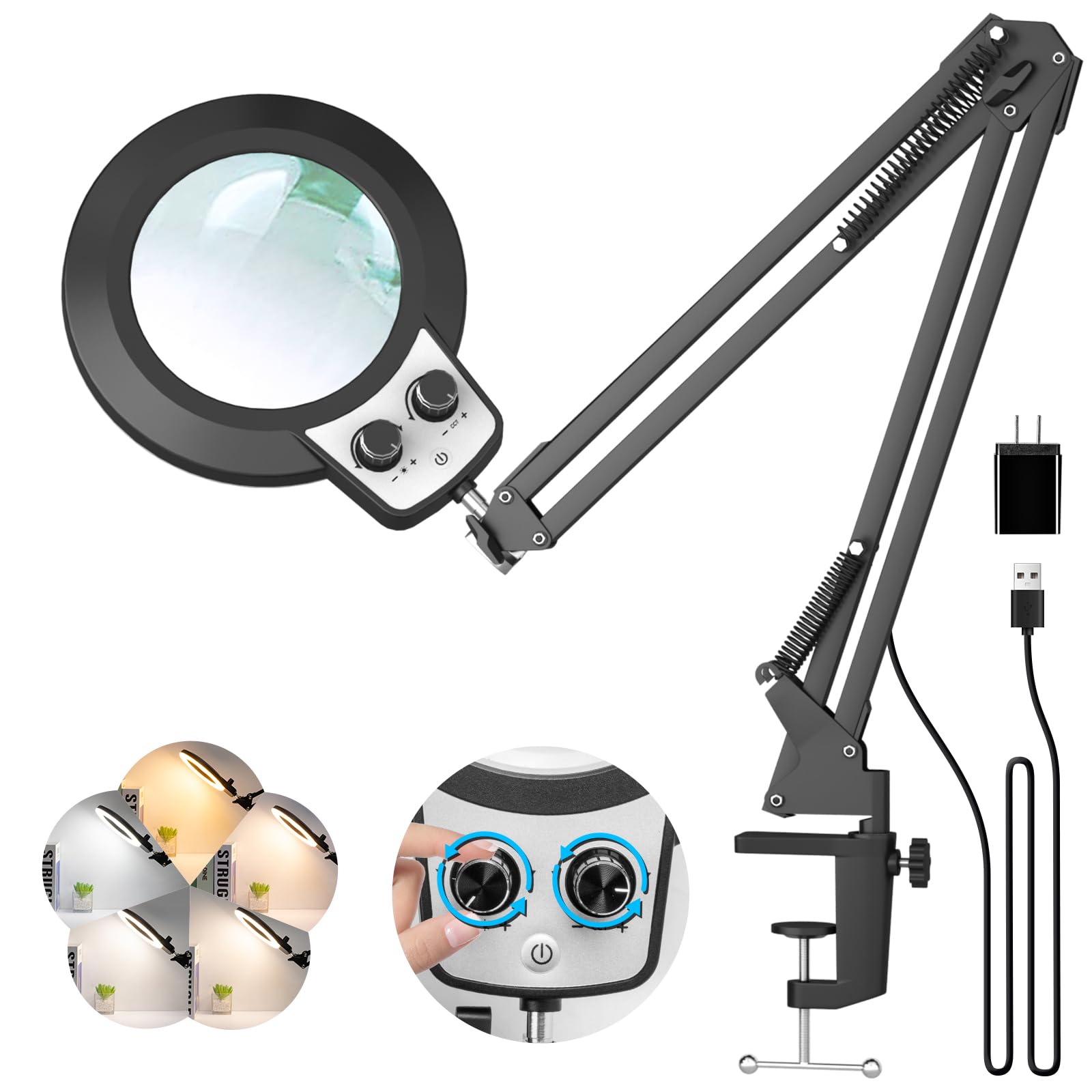 KIRKAS 10X Magnifying Glass with Light, KIRKAS Any Color Modes & Stepless Dimming LED Magnifying Lamp with Clamp, Hands Free Lig