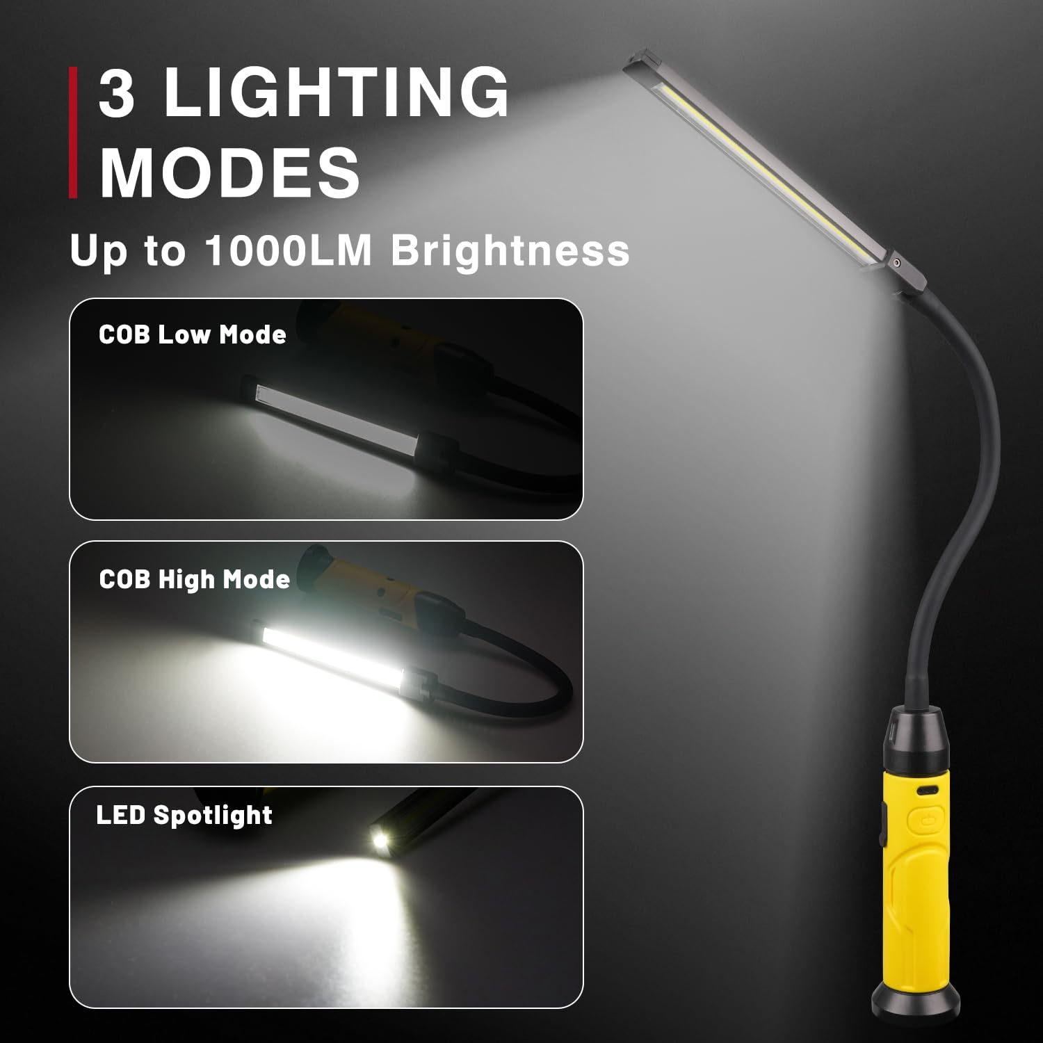 Napatyre Rechargeable Led Work Light With Flexible Gooseneck, Up To 1000 Lumens 3 Modes Magnetic Work Light, Mechanic Light With