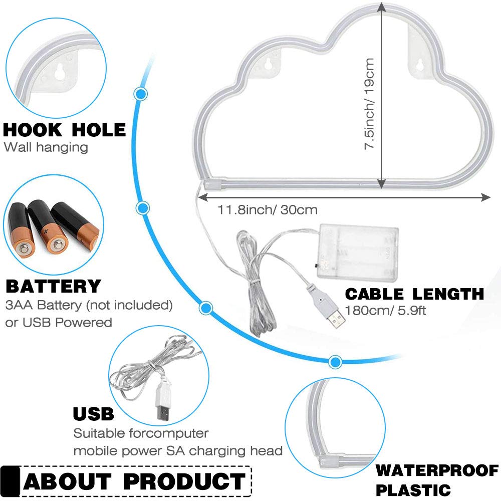 YouOKLight Neon Cloud Sign, LED Wall Light, USB/Battery Powered, Blue, Model YK2333-2336-US