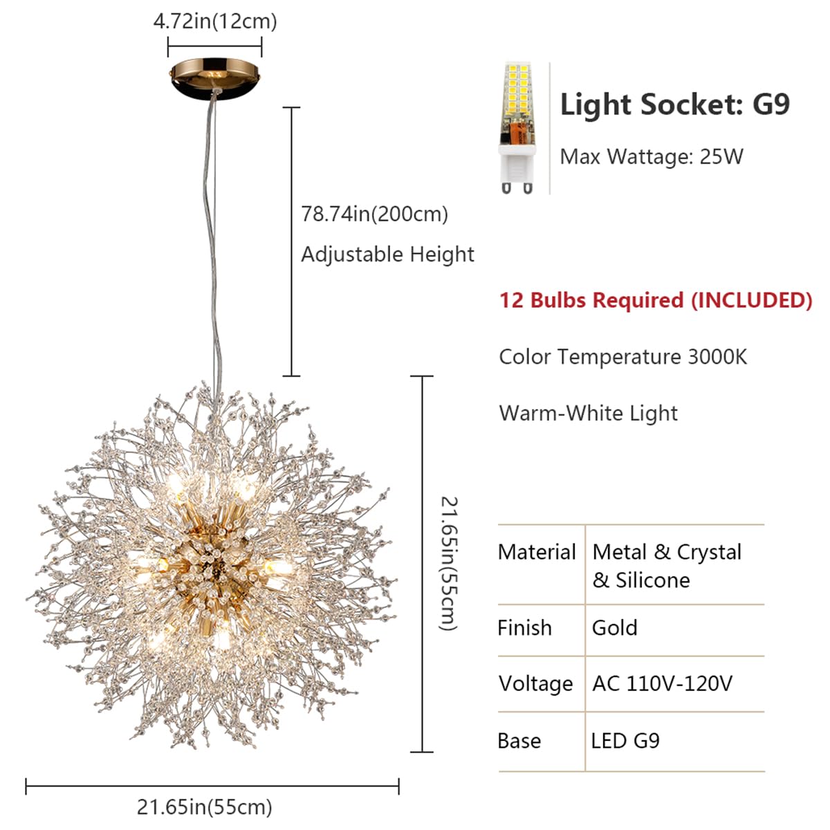 Isamacc 12-Light Firework Chandelier, Gold Stainless Steel Sputnik Pendant, 21.6" for Dining Room/Bedroom, Model CK111