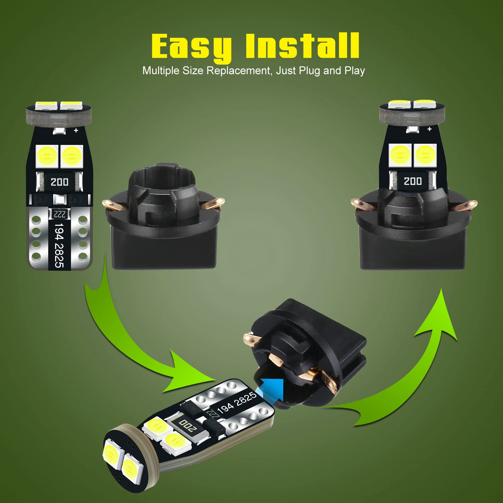 Dodofun 12V White T10 W5W 158 168 194 2825 Instrument Cluster Light Led Bulb Replacement For Dashboard Dash Panel Gauge Indicator Lamp With Socket Cross Pc168 Pc175 Pc194 Pc195 Pc160 Pc161 Pc195Na