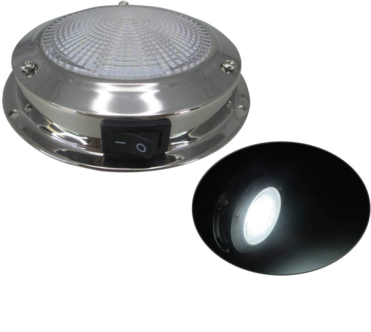 Pactrade Marine Dome Light 12V - 3-Inch Lens, Cool White Led | Stainless Steel Boat Light With Built-In Rocker Switch, Surface M