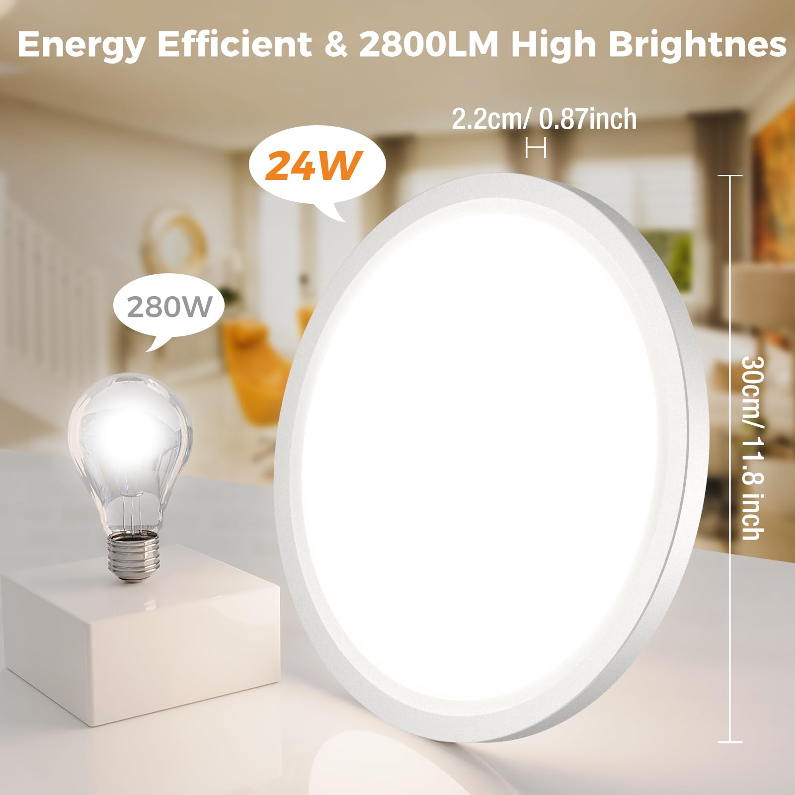 12Pack Led Flush Mount Ceiling Light,280W Equivalent Super Slim Led Ceiling Light, 3000K-6500K Selectable, 24W 2800Lm Round Ligh