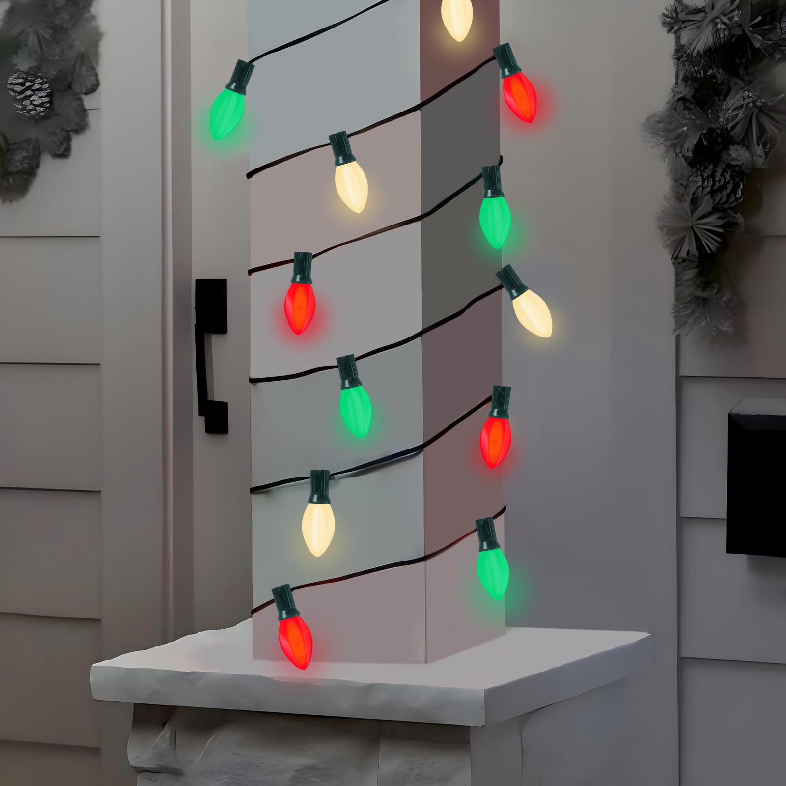 C7 Led Red White And Green Christmas Lights, 25Ft Outdoor Christmas String Lights With 27 Led Multicolor Plastic Bulbs, Vintage