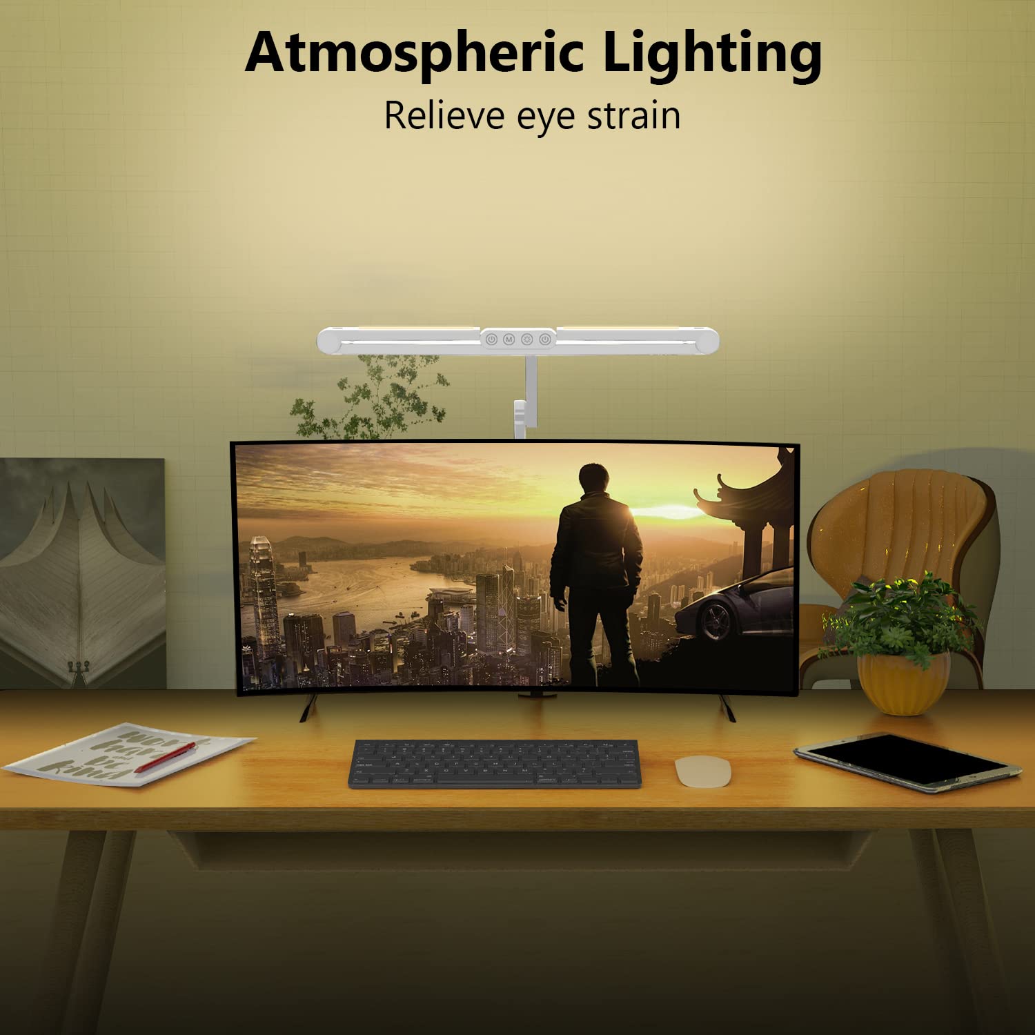 Micomlan Led Desk Lamp, 24W Rotatable Light, 28in Light Bar, White Metal, Model FDDL03, Stepless Dimming for Home Office