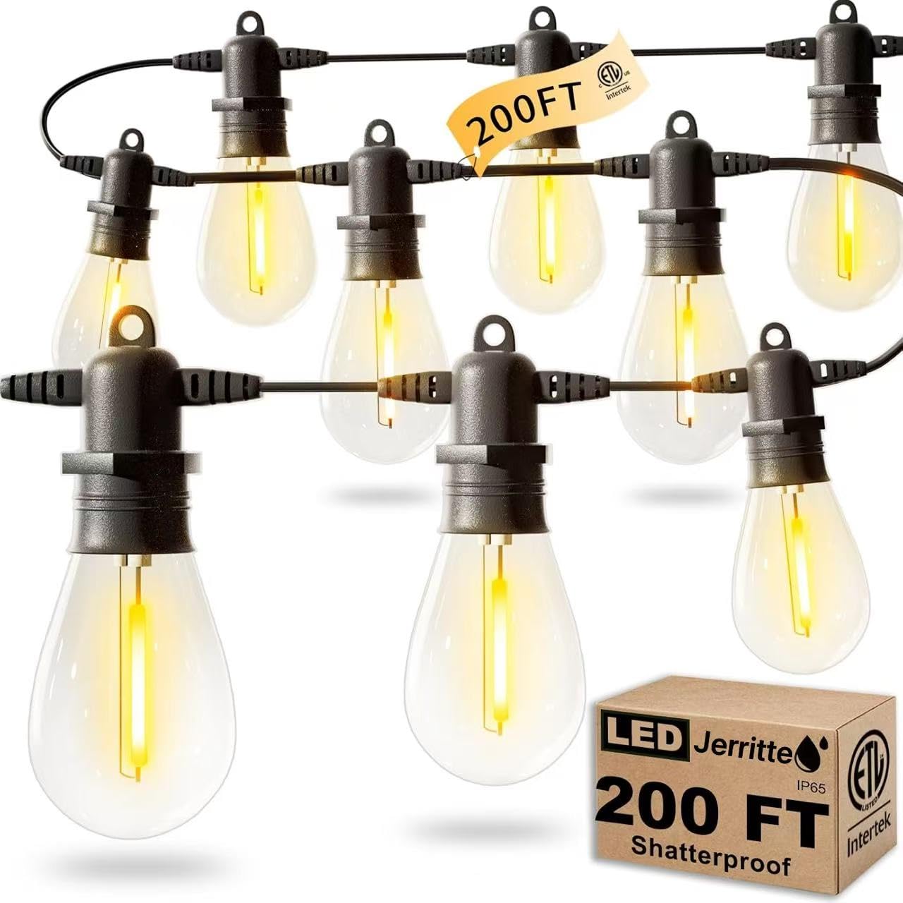 Jerritte 200Ft Led Outdoor String Lights, 60 Shatterproof Bulbs, Warm White, Ip65 Waterproof, Model Jr-S14-200, Dimmable, Heavy Duty