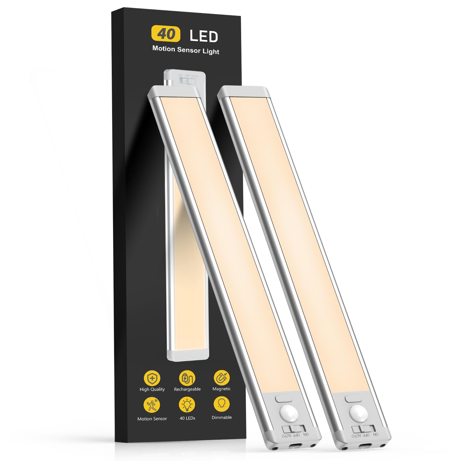 Under Cabinet Lights, 40 Led Rechargeable Battery Operated Motion Sensor Light Indoor, 2 Pack Magnetic Dimmable Closet Lights, W