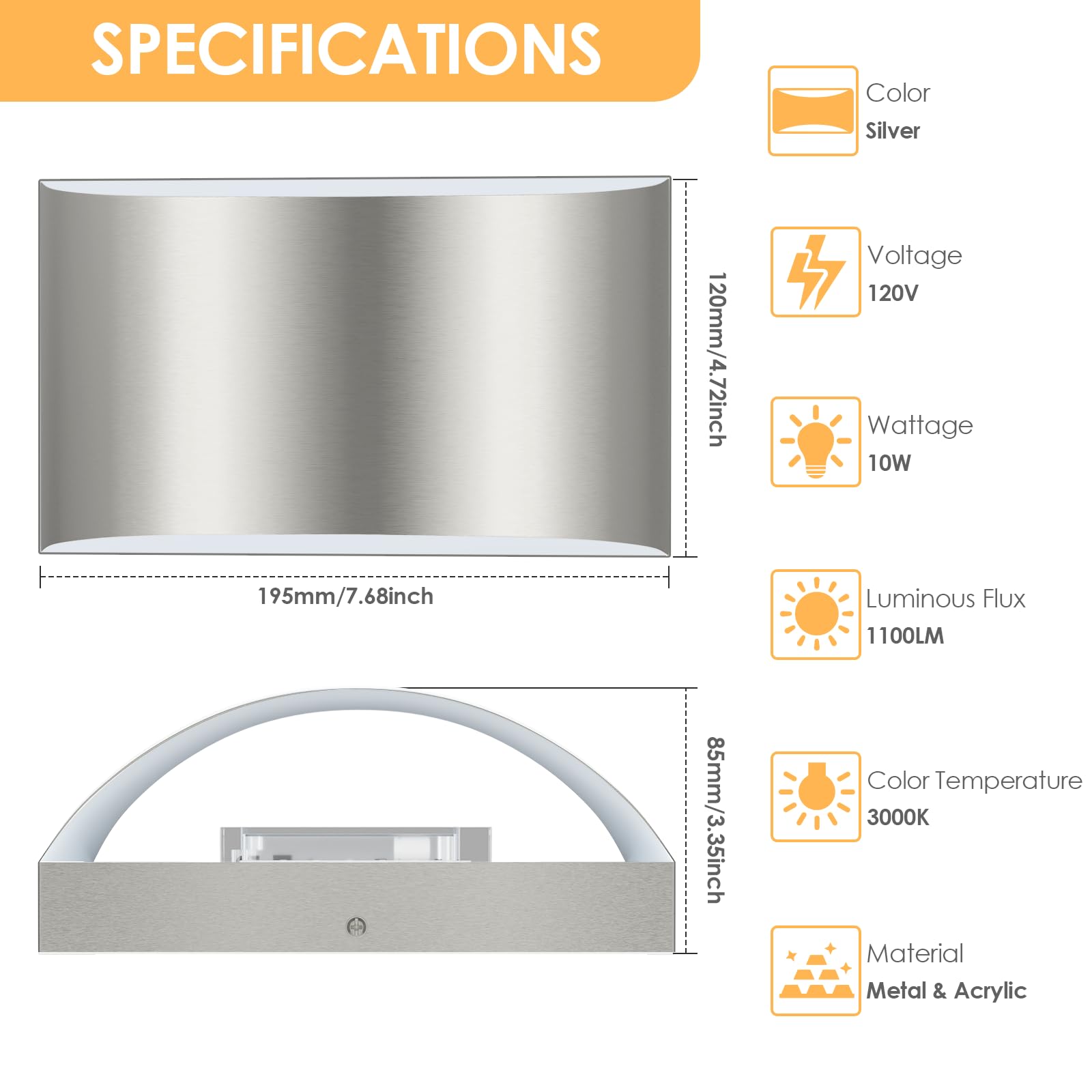 FOLKSMATE Modern LED Wall Sconces, 10W Up and Down Mount, 3000K Warm White, Silver, 7.68in, Model XYBY-LED,