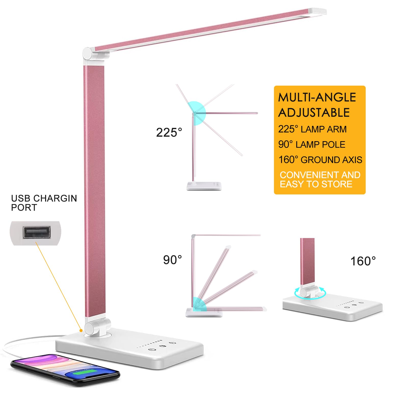 Hmfuntm Led Desk Lamp, Desk Lamp With Usb Charging Port, 5 Color Modes, 10 Brightness, Natural Light, Eye Caring Reading Lamp, Desk Light For Home Office, Table Lamp, Touch Control, Auto-Timer, Pink