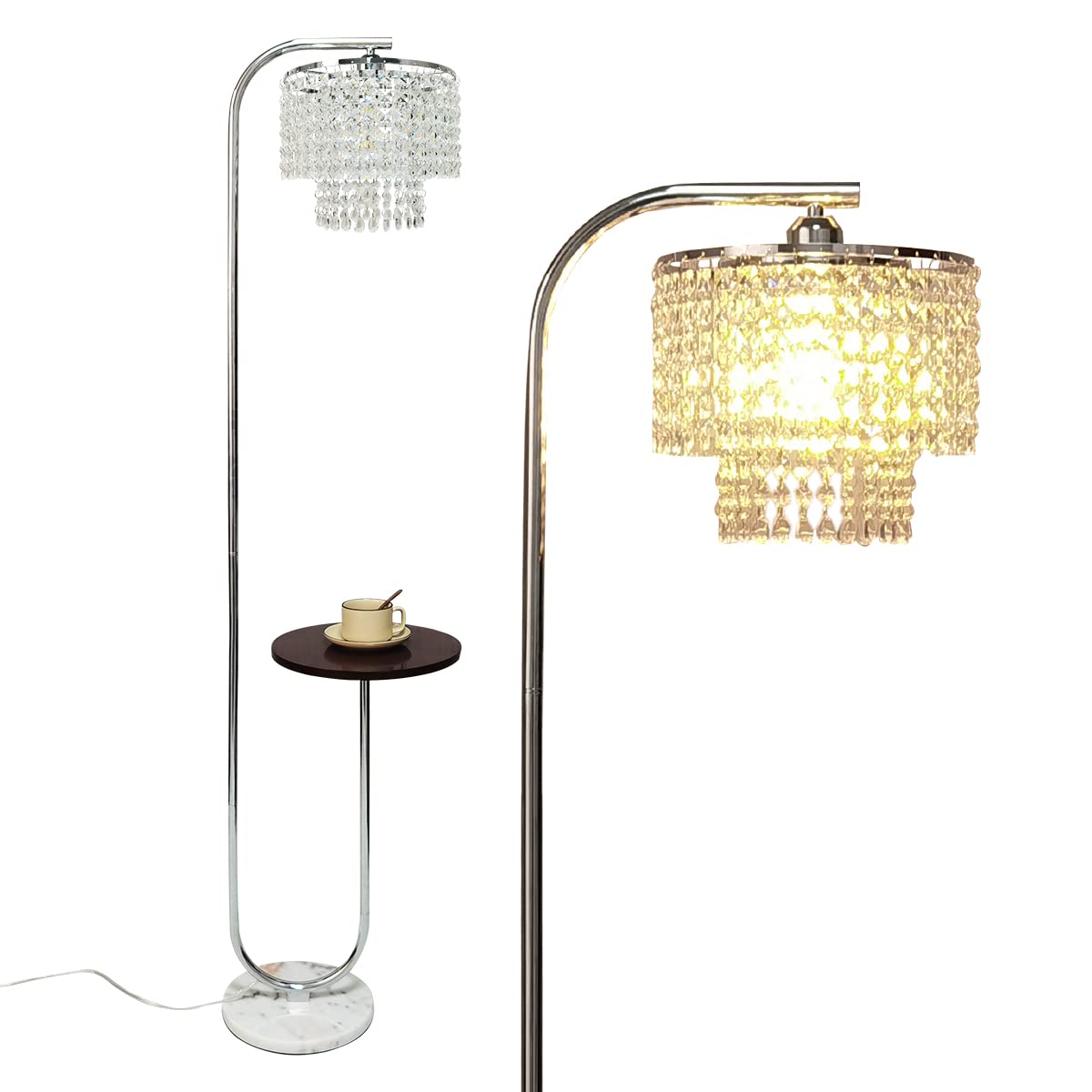 Hsyile Arc Crystal Floor Lamp For Living Room - Marble Base Modern Tall Stand Up Light With Table,Contemporary Over The Couch Ch